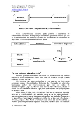 Gestão de Segurança da Informação                                          18
Marcos Aurelio Pchek Laureano
laureano@ppgia.pucpr.br
01/06/2005


           Ambiente                                     Vulnerabilidade
       Computacional


              n                                              n

               Relação Ambiente Computacional X Vulnerabilidades


      Cada vulnerabilidade existente pode permitir a ocorrência de
determinados incidentes de segurança. Desta forma, podemos concluir que são
as vulnerabilidades as principais causas das ocorrências de incidentes de
segurança, conforme apresenta à próxima figura.

      Vulnerabilidade               Possibilita         Incidente de Segurança



                                                           Afeta

           Clientes

                               Impacta                           Negócio
           Imagem
                               negativamente

           Produto




Por que sistemas são vulneráveis4
       Quando grandes quantidades de dados são armazenadas sob formato
eletrônico, ficam vulneráveis a muito mais tipos de ameaças do que quando
estão em formato manual.
       Os avanços nas telecomunicações e nos sistemas de informação
ampliaram essas vulnerabilidades. Sistemas de informação em diferentes
localidades podem ser interconectados por meio de redes de
telecomunicações. Logo, o potencial para acesso não autorizado, abuso ou
fraude não fica limitado a um único lugar, mas pode ocorrer em qualquer ponto
de acesso à rede.
       Além disso, arranjos mais complexos e diversos de hardware, software,
pessoais e organizacionais são exigidos para redes de telecomunicação,
criando novas áreas e oportunidades para invasão e manipulação. Redes sem
fio que utilizam tecnologias baseadas em rádio são ainda mais vulneráveis à
invasão, porque é fácil fazer a varredura das faixas de radiofreqüência. A
Internet apresenta problemas especiais porque foi projetada para ser acessada
4
    (Laudon e Laudon, 2004)
 