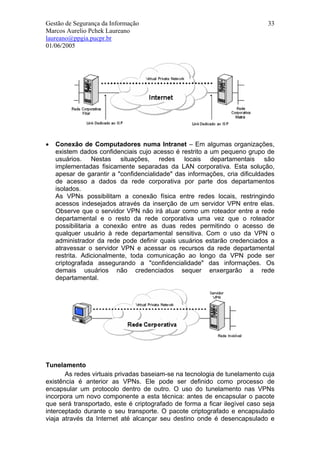 Gestão de Segurança da Informação                                           33
Marcos Aurelio Pchek Laureano
laureano@ppgia.pucpr.br
01/06/2005




•   Conexão de Computadores numa Intranet – Em algumas organizações,
    existem dados confidenciais cujo acesso é restrito a um pequeno grupo de
    usuários. Nestas situações, redes locais departamentais são
    implementadas fisicamente separadas da LAN corporativa. Esta solução,
    apesar de garantir a "confidencialidade" das informações, cria dificuldades
    de acesso a dados da rede corporativa por parte dos departamentos
    isolados.
    As VPNs possibilitam a conexão física entre redes locais, restringindo
    acessos indesejados através da inserção de um servidor VPN entre elas.
    Observe que o servidor VPN não irá atuar como um roteador entre a rede
    departamental e o resto da rede corporativa uma vez que o roteador
    possibilitaria a conexão entre as duas redes permitindo o acesso de
    qualquer usuário à rede departamental sensitiva. Com o uso da VPN o
    administrador da rede pode definir quais usuários estarão credenciados a
    atravessar o servidor VPN e acessar os recursos da rede departamental
    restrita. Adicionalmente, toda comunicação ao longo da VPN pode ser
    criptografada assegurando a "confidencialidade" das informações. Os
    demais usuários não credenciados sequer enxergarão a rede
    departamental.




Tunelamento
       As redes virtuais privadas baseiam-se na tecnologia de tunelamento cuja
existência é anterior as VPNs. Ele pode ser definido como processo de
encapsular um protocolo dentro de outro. O uso do tunelamento nas VPNs
incorpora um novo componente a esta técnica: antes de encapsular o pacote
que será transportado, este é criptografado de forma a ficar ilegível caso seja
interceptado durante o seu transporte. O pacote criptografado e encapsulado
viaja através da Internet até alcançar seu destino onde é desencapsulado e
 