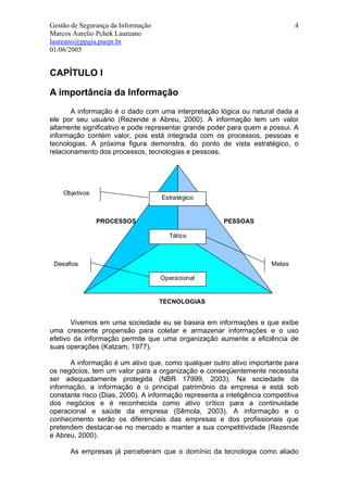 Gestão de Segurança da Informação                                              4
Marcos Aurelio Pchek Laureano
laureano@ppgia.pucpr.br
01/06/2005


CAPÍTULO I

A importância da Informação
       A informação é o dado com uma interpretação lógica ou natural dada a
ele por seu usuário (Rezende e Abreu, 2000). A informação tem um valor
altamente significativo e pode representar grande poder para quem a possui. A
informação contém valor, pois está integrada com os processos, pessoas e
tecnologias. A próxima figura demonstra, do ponto de vista estratégico, o
relacionamento dos processos, tecnologias e pessoas.




    Objetivos
                                    Estratégico


                PROCESSOS                              PESSOAS

                                      Tático



 Desafios                                                              Metas

                                    Operacional


                                    TECNOLOGIAS


       Vivemos em uma sociedade eu se baseia em informações e que exibe
uma crescente propensão para coletar e armazenar informações e o uso
efetivo da informação permite que uma organização aumente a eficiência de
suas operações (Katzam, 1977).

      A informação é um ativo que, como qualquer outro ativo importante para
os negócios, tem um valor para a organização e conseqüentemente necessita
ser adequadamente protegida (NBR 17999, 2003). Na sociedade da
informação, a informação é o principal patrimônio da empresa e está sob
constante risco (Dias, 2000). A informação representa a inteligência competitiva
dos negócios e é reconhecida como ativo crítico para a continuidade
operacional e saúde da empresa (Sêmola, 2003). A informação e o
conhecimento serão os diferenciais das empresas e dos profissionais que
pretendem destacar-se no mercado e manter a sua competitividade (Rezende
e Abreu, 2000).

      As empresas já perceberam que o domínio da tecnologia como aliado
 