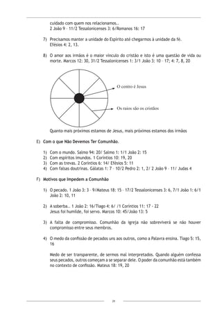 29
O centro é Jesus
Os raios são os cristãos
cuidado com quem nos relacionamos..
2 João 9 – 11/2 Tessalonicenses 3: 6/Romanos 16: 17
7)	 Precisamos manter a unidade do Espírito até chegarmos à unidade da fé.
Efésios 4: 2, 13.
8)	 O amor aos irmãos é o maior vínculo do cristão e isto é uma questão de vida ou
morte. Marcos 12: 30, 31/2 Tessalonicenses 1: 3/1 João 3: 10 – 17; 4: 7, 8, 20
Quanto mais próximos estamos de Jesus, mais próximos estamos dos irmãos
E)	 Com o que Não Devemos Ter Comunhão.
1)	 Com o mundo. Salmo 94: 20/ Salmo 1: 1/1 João 2: 15
2)	 Com espíritos imundos. 1 Coríntios 10: 19, 20
3)	 Com as trevas. 2 Coríntios 6: 14/ Efésios 5: 11
4)	 Com falsas doutrinas. Gálatas 1: 7 – 10/2 Pedro 2: 1, 2/ 2 João 9 – 11/ Judas 4
F)	 Motivos que Impedem a Comunhão
1)	 O pecado. 1 João 3: 3 – 9/Mateus 18: 15 – 17/2 Tessalonicenses 3: 6, 7/1 João 1: 6/1
João 2: 10, 11
2)	 A soberba.. 1 João 2: 16/Tiago 4: 6/ /1 Coríntios 11: 17 - 22
Jesus foi humilde, foi servo. Marcos 10: 45/João 13: 5
3)	A falta de compromisso. Comunhão da igreja não sobreviverá se não houver
compromisso entre seus membros.
4)	 O medo da confissão de pecados uns aos outros, como a Palavra ensina. Tiago 5: 15,
16
Medo de ser transparente, de sermos mal interpretados. Quando alguém confessa
seus pecados, outros começam a se separar dele. O poder da comunhão está também
no contexto de confissão. Mateus 18: 19, 20
 
