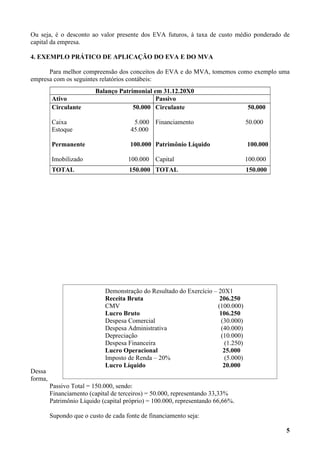 Ou seja, é o desconto ao valor presente dos EVA futuros, á taxa de custo médio ponderado de
capital da empresa.

4. EXEMPLO PRÁTICO DE APLICAÇÃO DO EVA E DO MVA

      Para melhor compreensão dos conceitos do EVA e do MVA, tomemos como exemplo uma
empresa com os seguintes relatórios contábeis:
                          Balanço Patrimonial em 31.12.20X0
         Ativo                                 Passivo
         Circulante                    50.000 Circulante                            50.000

         Caixa                          5.000 Financiamento                         50.000
         Estoque                       45.000

         Permanente                    100.000 Patrimônio Líquido                   100.000

         Imobilizado                  100.000 Capital                               100.000
         TOTAL                        150.000 TOTAL                                 150.000




                             Demonstração do Resultado do Exercício – 20X1
                             Receita Bruta                             206.250
                             CMV                                      (100.000)
                             Lucro Bruto                               106.250
                             Despesa Comercial                          (30.000)
                             Despesa Administrativa                     (40.000)
                             Depreciação                                (10.000)
                             Despesa Financeira                           (1.250)
                             Lucro Operacional                           25.000
                             Imposto de Renda – 20%                       (5.000)
                             Lucro Líquido                               20.000
Dessa
forma,
         Passivo Total = 150.000, sendo:
         Financiamento (capital de terceiros) = 50.000, representando 33,33%
         Patrimônio Líquido (capital próprio) = 100.000, representando 66,66%.

         Supondo que o custo de cada fonte de financiamento seja:

                                                                                              5
 
