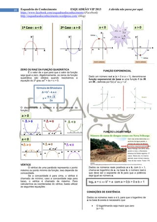 20 Esquadrão do Conhecimento ESQUADRÃO VIP 2013 A dúvida não passa por aqui.
https://www.facebook.com/esquadraodoconhecimento (Facebook)
http://esquadraodoconhecimento.wordpress.com/ (blog)
ZERO OU RAIZ DA FUNÇÃO QUADRÁTICA
É o valor de x que para que o valor da função
seja igual a zero. Algebricamente, os zeros da função
quadrática são obtidos quando resolvemos a
equação do 2º grau ax
2
+ bx + c = 0.
O discriminante Δ também é o discriminante da
função.
VÉRTICE
O vértice de uma parábola representa o ponto
máximo ou ponto mínimo da função, isso depende da
concavidade.
Se a concavidade é para cima, o vértice é
chamado de mínimo, caso a concavidade seja para
baixo, o vértice é chamado de máximo. Para
calcularmos as coordenadas do vértice, basta utilizar
as seguintes equações:
FUNÇÃO EXPONENCIAL
Dado um número real a (a > 0 e a  1), denomina-se
função exponencial de base a uma função f de IR
em IR
*
+ definida por f(x) a
x
ou y = a
x
.
FUNÇÃO LOGARÍTMICA
Dados os números reais positivos a e b, com b  1,
chama-se logaritmo de a, na base b, o número real c
que deve ser o expoente de b para que a potência
seja igual ao número a.
CONDIÇÕES DE EXISTÊNCIA
Dados os números reais a e b, para que o logaritmo de
a na base b exista é necessário que:
 O logaritmando seja maior que zero
(a > 0)
logb a = c  bc
= a com a > 0,b > 0 e b  1
 