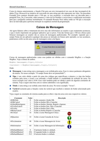 Microsoft Visual Basic 6                                                                                    40


Como já citamos anteriormente, a função CInt gera um erro irrecuperável em caso de tipo incompatível de
dados (Type Mismatch) na tentativa de conversão de uma string que não represente um valor. Na procedure
Exemplo_Erro estamos dizendo para o VB que, se isso acontecer, a execução deve ser desviada para o
parágrafo Erro_Na_Conversão, onde testamos o valor de Err.Number e escrevemos a codificação necessária
para que o programa continue normalmente. O comando Resume Next indica então ao VB que a execução
deve ser desviada para a próxima instrução na seqüência normal da programação.


                                      Caixas de Mensagem
Até agora falamos sobre o tratamento de erros mas não informamos ao usuário o que exatamente aconteceu,
o que é muito importante em qualquer aplicativo que se preze. Uma das formas que o VB nos oferece para
fornecer mensagens ao usuário são as caixas de mensagens padronizadas. Por exemplo: supondo que o
campo Nome de um aplicativo qualquer não possa ser deixado em branco pelo operador, se isso acontecer,
poderíamos exibir na tela uma caixa de mensagem como a da figura:




Caixas de mensagem padronizadas como essa podem ser obtidas com o comando MsgBox e a função
MsgBox. Veja a sintaxe de ambos:
MsgBox <mensagem>,<tipo>,<título>
<variável> = MsgBox(<mensagem>,<tipo>,<título>)
Onde:
    Mensagem: é uma string com a mensagem a ser exibida pela caixa. Esse é o único parâmetro obrigatório
    da sintaxe. No nosso exemplo: “O campo Nome deve ser preenchido!”;
    Tipo: é um valor obtido a partir da soma dos códigos que especificam o número e o tipo dos botões
    exibidos pela caixa, o ícone a ser utilizado, o botão default e a modalidade de exibição da caixa. No
    nosso exemplo esse valor é 4144. Esse valor também pode ser obtido a partir de algumas constantes de
    sistema. Veja a seguir uma lista com os valores admitidos e seu significado;
    Título: é uma string a ser exibida como título da caixa. No nosso exemplo: “Aviso”;
    Variável (somente para a função): nome da variável que receberá o número do botão selecionado pelo
    usuário.
Veja a seguir as constantes de sistema usadas para se obter o tipo da caixa com seus respectivos valores:

     Constante             Valor                                   Descrição
vbOKOnly                     0     Exibe somente o botão OK.
vbOKCancel                   1     Exibe os botões OK e Cancelar.
vbAbortRetryIgnore           2     Exibe os botões Abortar, Repetir e Ignorar.
vbYesNoCancel                3     Exibe os botões Sim, Não e Cancelar.
vbYesNo                      4     Exibe os botões Sim e Não.
vbRetryCancel                5     Exibe os botões Repetir e Cancelar.
vbCritical                  16     Exibe o ícone Mensagem Crítica :

vbQuestion                  32     Exibe o ícone Consulta de Aviso:

vbExclamation               48     Exibe o ícone Mensagem de Aviso:

vbInformation               64     Exibe o ícone Mensagem de Informação:

vbDefaultButton1            0      O primeiro botão é o default.
vbDefaultButton2           256     O segundo botão é o default.
vbDefaultButton3           512     O terceiro botão é o default.
 