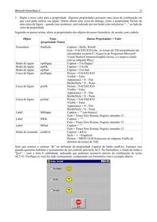 Microsoft Visual Basic 6                                                                                    11


3. Digite o novo valor para a propriedade. Algumas propriedades possuem uma caixa de combinação em
   que você pode indicar sua opção. Outras abrem uma caixa de diálogo, como a propriedade Picture de
   uma caixa de figura – quando isso acontecer, será indicado por um botão com reticências “...” ao lado do
   valor da propriedade.
Seguindo os passos acima, altere as propriedades dos objetos do nosso formulário, de acordo com a tabela:

        Objeto                    Nome                         Outras Propriedades = Valor
                           (propriedade Name)
Formulário                 frmHello             Caption = Hello, World!
                                                Icon = FACE05.ICO (obs.: os ícones do VB normalmente são
                                                encontrados na pasta C:Arquivos de ProgramasMicrosoft
                                                Visual StudioCommomGraphicsIcons, e o arquivo citado
                                                está na subpasta Misc)
Botão de opção             optHappy             Caption = I’m Happy!
Botão de opção             optOk                Caption = I’m Ok
Botão de opção             optSad               Caption = I’m Sad
Caixa de figura            picHappy             Picture = FACE03.ICO
                                                Visible = False
                                                Appearance = 0 – Flat
                                                BorderStyle = 0 – None
Caixa de figura            picOk                Picture = FACE02.ICO
                                                Visible = False
                                                Appearance = 0 – Flat
                                                BorderStyle = 0 – None
Caixa de figura            picSad               Picture = FACE04.ICO
                                                Visible = False
                                                Appearance = 0 – Flat
                                                BorderStyle = 0 – None
Label                      lblHappy             Caption = “” (em branco)
                                                Font = Times New Roman, Negrito, tamanho 12
Label                      lblOk                Caption = “”
                                                Font = Times New Roman, Negrito, tamanho 12
Label                      lblSad               Caption = “”
                                                Font = Times New Roman, Negrito, tamanho 12
Botão de comando cmdExit                        Caption = &Exit
                                                Style = 1 – Graphical
                                                Picture = TRFFC14.ICO (procure na subpasta Traffic do
                                                diretório de ícones do VB)
Note que usamos o caracter “&” na definição da propriedade Caption do botão cmdExit. Fazemos isso
quando queremos habilitar o acionamento de um controle pela tecla ALT. No formulário, o rótulo do botão é
“Exit” – com a letra E sublinhada, indicando que podemos acioná-lo através da combinação de teclas
ALT+E. Verifique se você fez tudo corretamente, comparando seu formulário com o exemplo abaixo:
 
