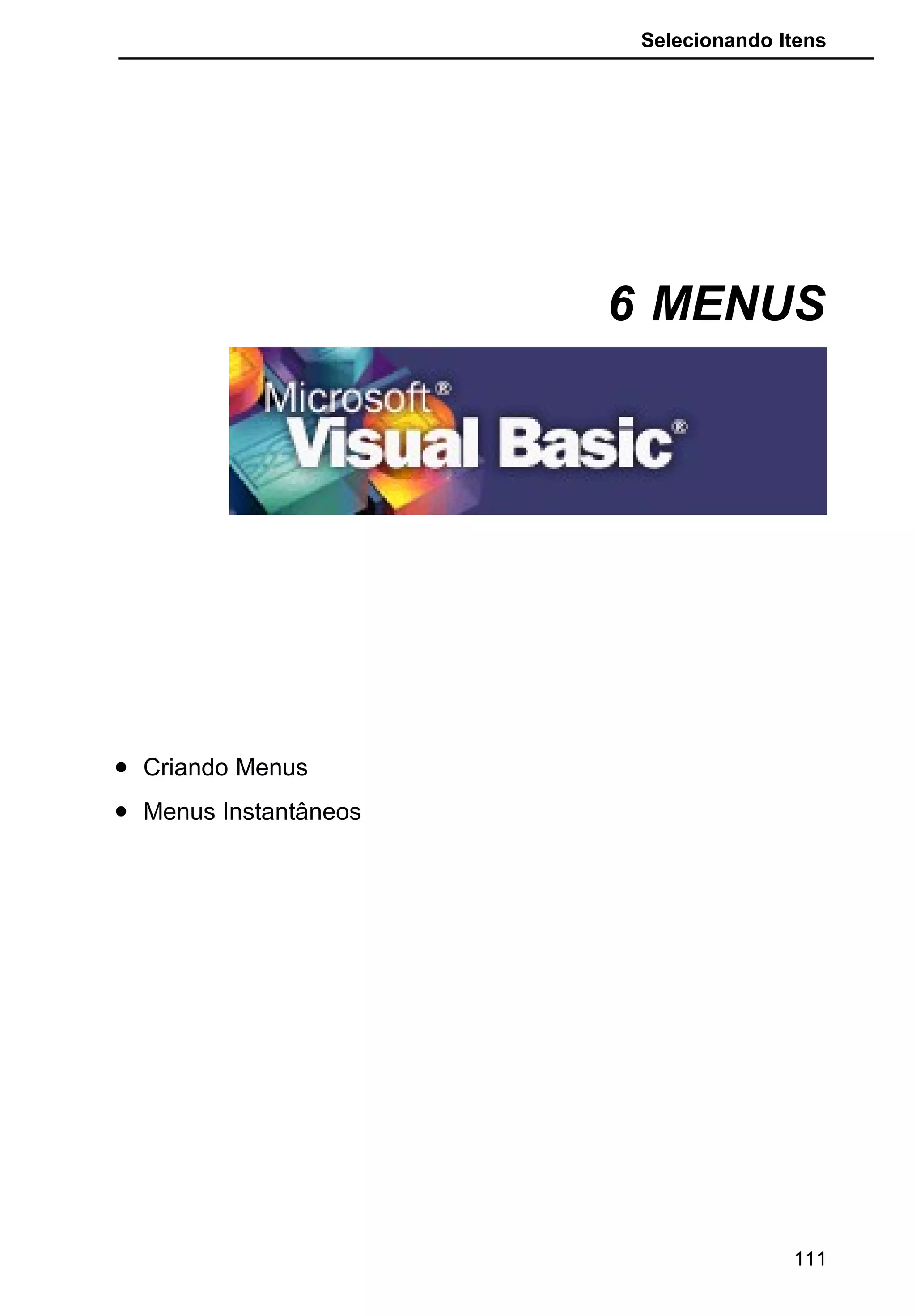Selecionando Itens
6 MENUS
• Criando Menus
• Menus Instantâneos
111
 