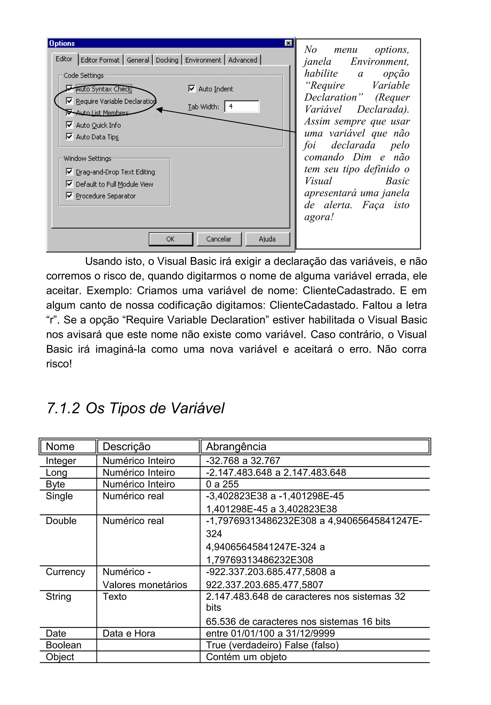 Usando isto, o Visual Basic irá exigir a declaração das variáveis, e não
corremos o risco de, quando digitarmos o nome de alguma variável errada, ele
aceitar. Exemplo: Criamos uma variável de nome: ClienteCadastrado. E em
algum canto de nossa codificação digitamos: ClienteCadastado. Faltou a letra
“r”. Se a opção “Require Variable Declaration” estiver habilitada o Visual Basic
nos avisará que este nome não existe como variável. Caso contrário, o Visual
Basic irá imaginá-la como uma nova variável e aceitará o erro. Não corra
risco!
7.1.2 Os Tipos de Variável
Nome Descrição Abrangência
Integer Numérico Inteiro -32.768 a 32.767
Long Numérico Inteiro -2.147.483.648 a 2.147.483.648
Byte Numérico Inteiro 0 a 255
Single Numérico real -3,402823E38 a -1,401298E-45
1,401298E-45 a 3,402823E38
Double Numérico real -1,79769313486232E308 a 4,94065645841247E-
324
4,94065645841247E-324 a
1,79769313486232E308
Currency Numérico -
Valores monetários
-922.337.203.685.477,5808 a
922.337.203.685.477,5807
String Texto 2.147.483.648 de caracteres nos sistemas 32
bits
65.536 de caracteres nos sistemas 16 bits
Date Data e Hora entre 01/01/100 a 31/12/9999
Boolean True (verdadeiro) False (falso)
Object Contém um objeto
No menu options,
janela Environment,
habilite a opção
“Require Variable
Declaration” (Requer
Variável Declarada).
Assim sempre que usar
uma variável que não
foi declarada pelo
comando Dim e não
tem seu tipo definido o
Visual Basic
apresentará uma janela
de alerta. Faça isto
agora!
 