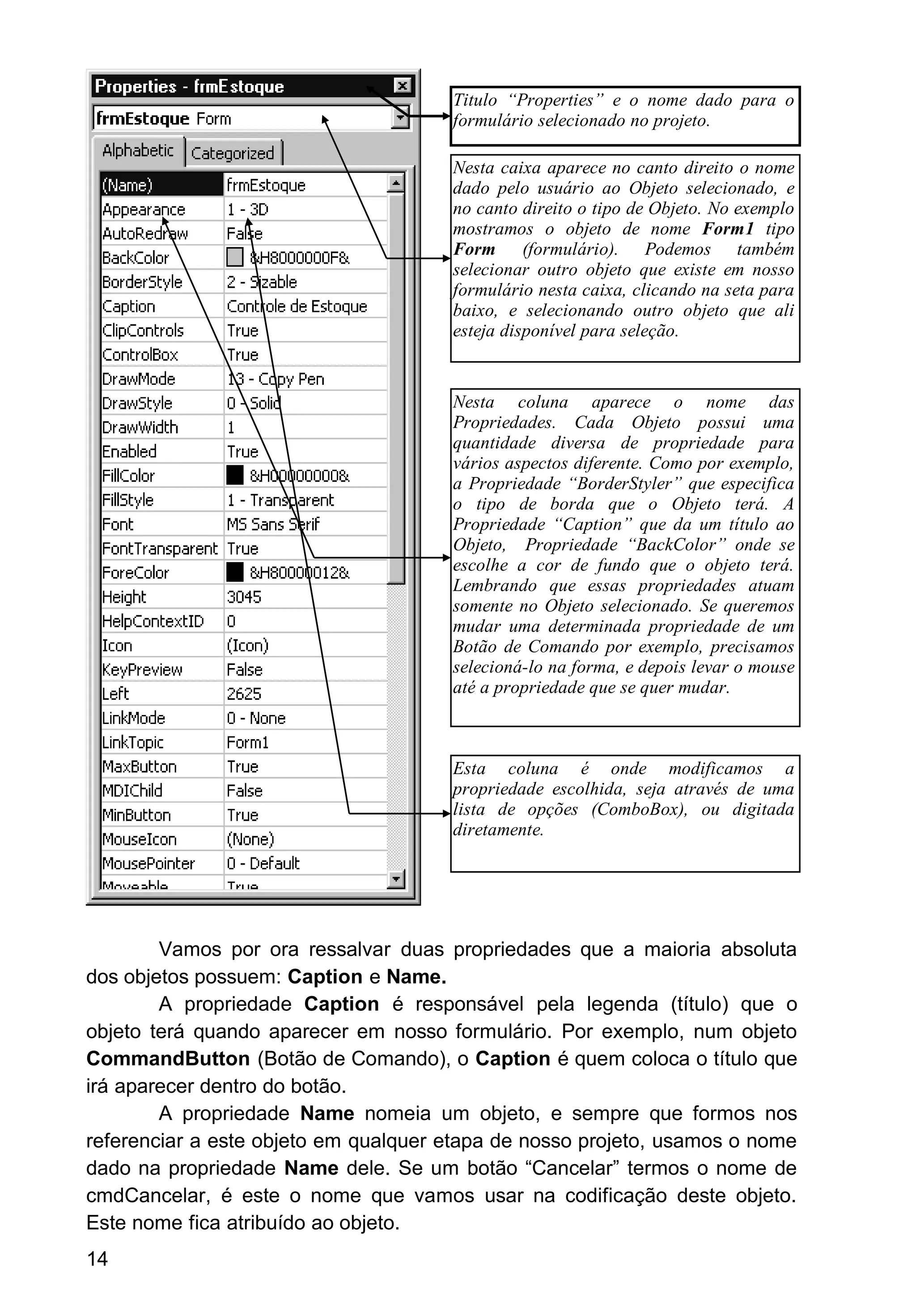 Vamos por ora ressalvar duas propriedades que a maioria absoluta
dos objetos possuem: Caption e Name.
A propriedade Caption é responsável pela legenda (título) que o
objeto terá quando aparecer em nosso formulário. Por exemplo, num objeto
CommandButton (Botão de Comando), o Caption é quem coloca o título que
irá aparecer dentro do botão.
A propriedade Name nomeia um objeto, e sempre que formos nos
referenciar a este objeto em qualquer etapa de nosso projeto, usamos o nome
dado na propriedade Name dele. Se um botão “Cancelar” termos o nome de
cmdCancelar, é este o nome que vamos usar na codificação deste objeto.
Este nome fica atribuído ao objeto.
14
Titulo “Properties” e o nome dado para o
formulário selecionado no projeto.
Nesta caixa aparece no canto direito o nome
dado pelo usuário ao Objeto selecionado, e
no canto direito o tipo de Objeto. No exemplo
mostramos o objeto de nome Form1 tipo
Form (formulário). Podemos também
selecionar outro objeto que existe em nosso
formulário nesta caixa, clicando na seta para
baixo, e selecionando outro objeto que ali
esteja disponível para seleção.
Nesta coluna aparece o nome das
Propriedades. Cada Objeto possui uma
quantidade diversa de propriedade para
vários aspectos diferente. Como por exemplo,
a Propriedade “BorderStyler” que especifica
o tipo de borda que o Objeto terá. A
Propriedade “Caption” que da um título ao
Objeto, Propriedade “BackColor” onde se
escolhe a cor de fundo que o objeto terá.
Lembrando que essas propriedades atuam
somente no Objeto selecionado. Se queremos
mudar uma determinada propriedade de um
Botão de Comando por exemplo, precisamos
selecioná-lo na forma, e depois levar o mouse
até a propriedade que se quer mudar.
Esta coluna é onde modificamos a
propriedade escolhida, seja através de uma
lista de opções (ComboBox), ou digitada
diretamente.
 
