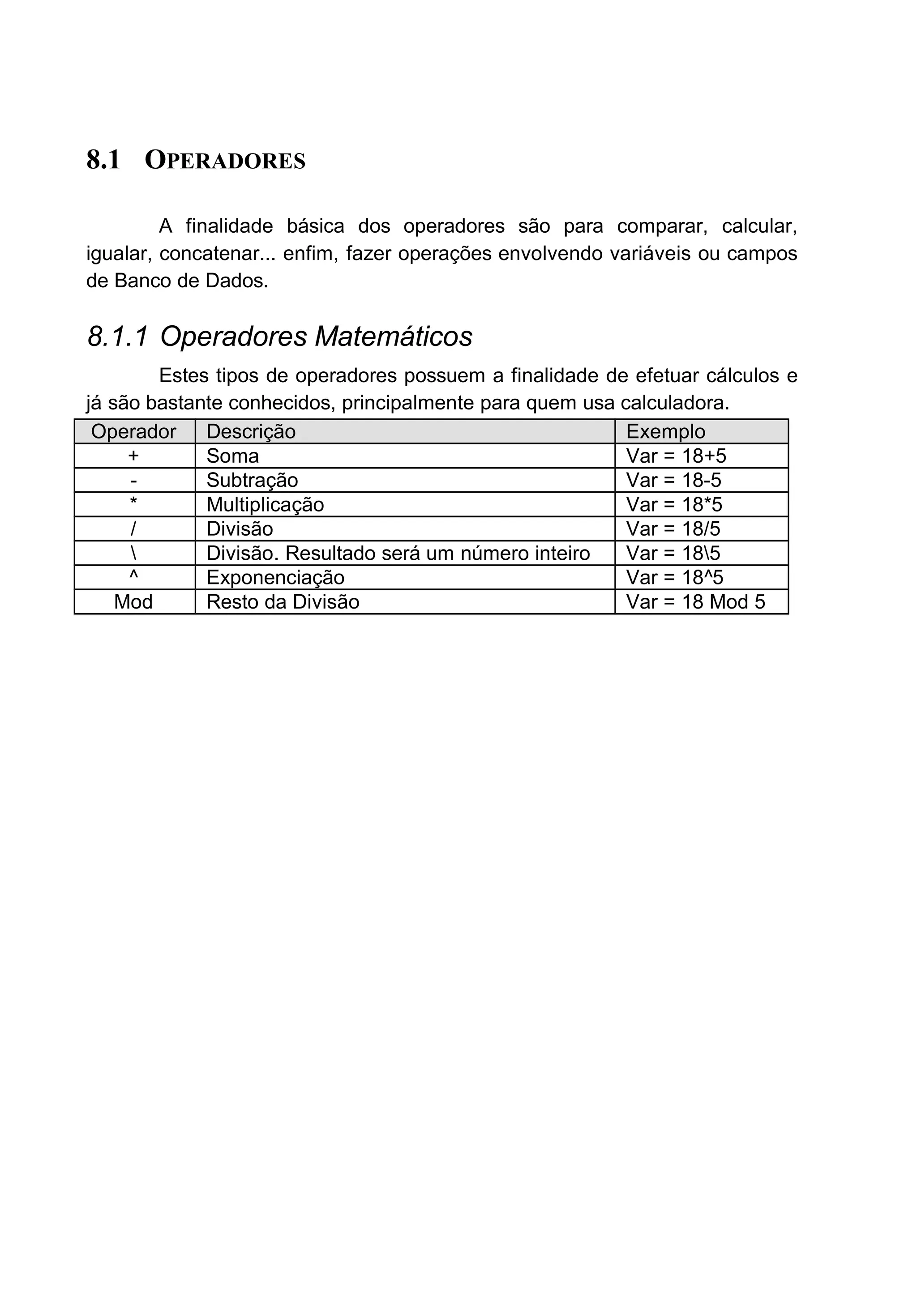 8.1 OPERADORES
A finalidade básica dos operadores são para comparar, calcular,
igualar, concatenar... enfim, fazer operações envolvendo variáveis ou campos
de Banco de Dados.
8.1.1 Operadores Matemáticos
Estes tipos de operadores possuem a finalidade de efetuar cálculos e
já são bastante conhecidos, principalmente para quem usa calculadora.
Operador Descrição Exemplo
+ Soma Var = 18+5
- Subtração Var = 18-5
* Multiplicação Var = 18*5
/ Divisão Var = 18/5
 Divisão. Resultado será um número inteiro Var = 185
^ Exponenciação Var = 18^5
Mod Resto da Divisão Var = 18 Mod 5
 