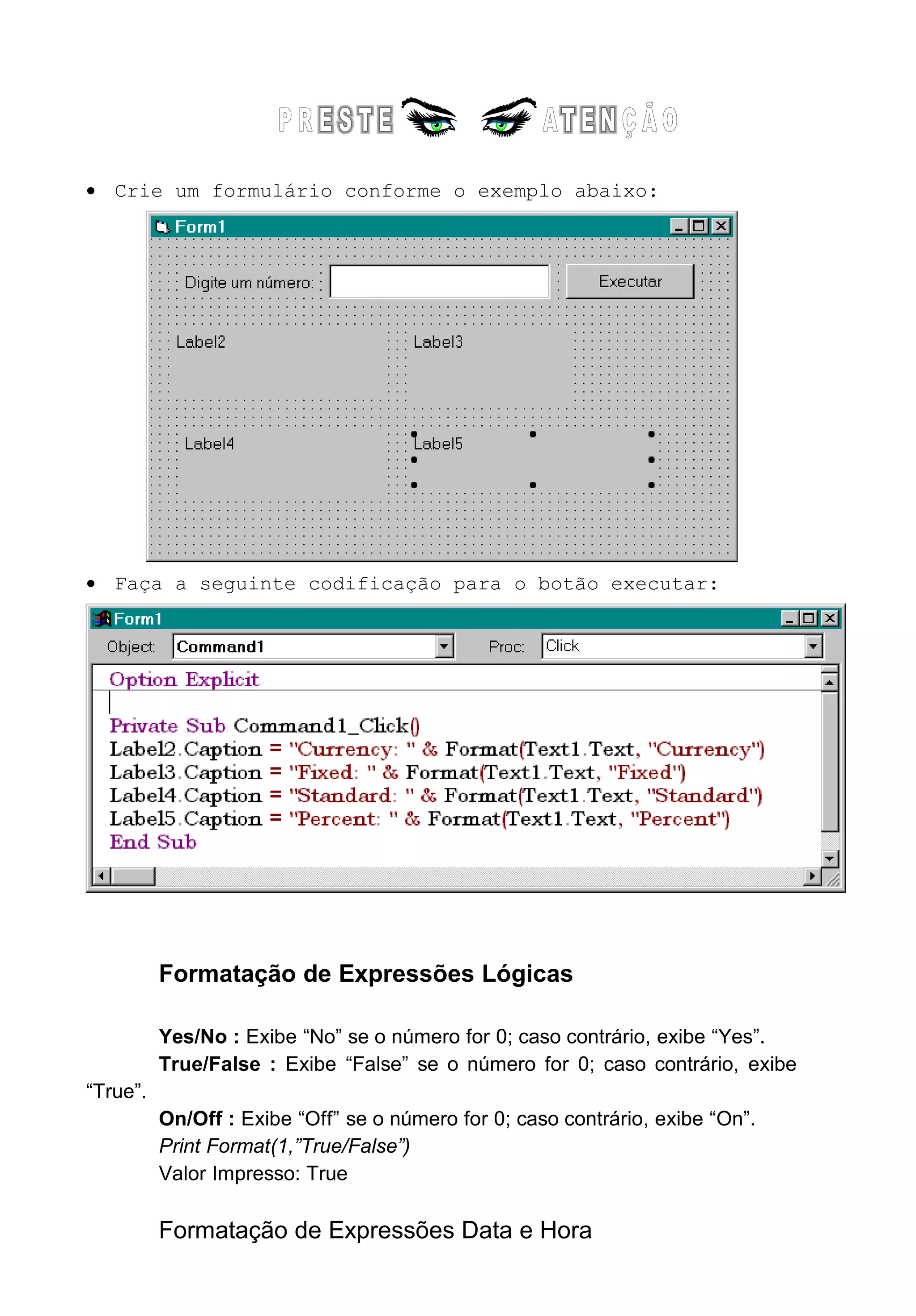 • Crie um formulário conforme o exemplo abaixo:
• Faça a seguinte codificação para o botão executar:
Formatação de Expressões Lógicas
Yes/No : Exibe “No” se o número for 0; caso contrário, exibe “Yes”.
True/False : Exibe “False” se o número for 0; caso contrário, exibe
“True”.
On/Off : Exibe “Off” se o número for 0; caso contrário, exibe “On”.
Print Format(1,”True/False”)
Valor Impresso: True
Formatação de Expressões Data e Hora
 