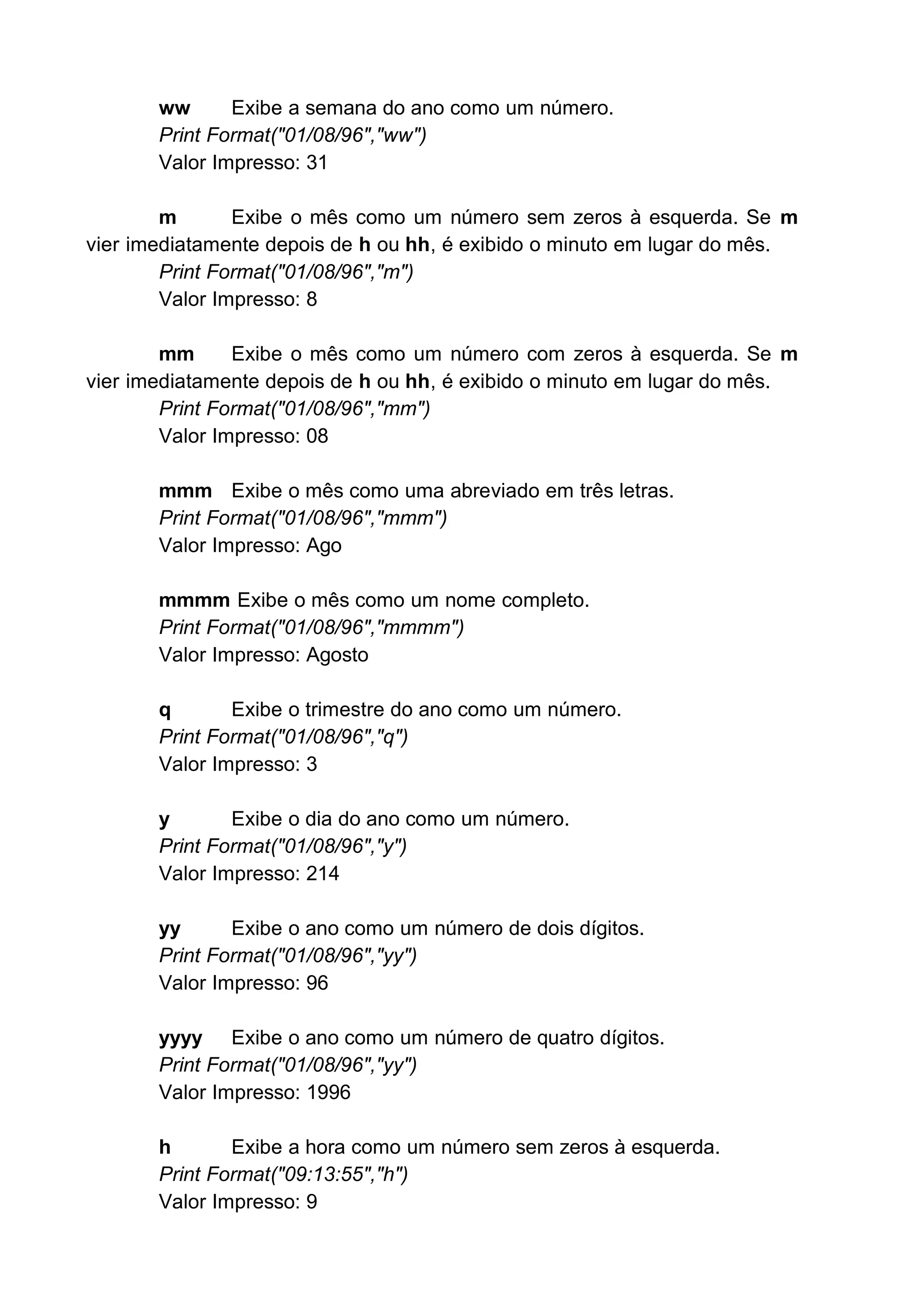 ww Exibe a semana do ano como um número.
Print Format("01/08/96","ww")
Valor Impresso: 31
m Exibe o mês como um número sem zeros à esquerda. Se m
vier imediatamente depois de h ou hh, é exibido o minuto em lugar do mês.
Print Format("01/08/96","m")
Valor Impresso: 8
mm Exibe o mês como um número com zeros à esquerda. Se m
vier imediatamente depois de h ou hh, é exibido o minuto em lugar do mês.
Print Format("01/08/96","mm")
Valor Impresso: 08
mmm Exibe o mês como uma abreviado em três letras.
Print Format("01/08/96","mmm")
Valor Impresso: Ago
mmmm Exibe o mês como um nome completo.
Print Format("01/08/96","mmmm")
Valor Impresso: Agosto
q Exibe o trimestre do ano como um número.
Print Format("01/08/96","q")
Valor Impresso: 3
y Exibe o dia do ano como um número.
Print Format("01/08/96","y")
Valor Impresso: 214
yy Exibe o ano como um número de dois dígitos.
Print Format("01/08/96","yy")
Valor Impresso: 96
yyyy Exibe o ano como um número de quatro dígitos.
Print Format("01/08/96","yy")
Valor Impresso: 1996
h Exibe a hora como um número sem zeros à esquerda.
Print Format("09:13:55","h")
Valor Impresso: 9
 