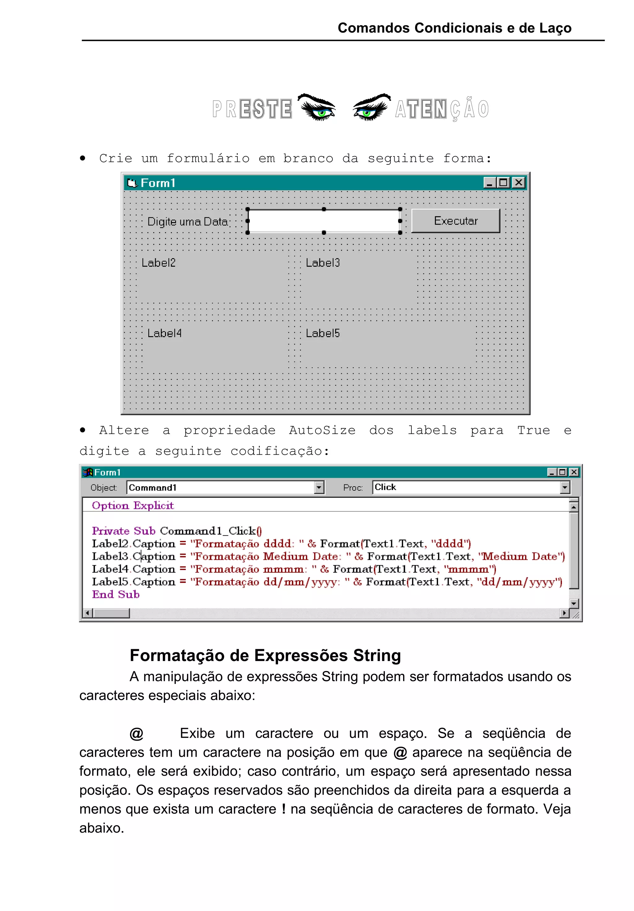 Comandos Condicionais e de Laço
• Crie um formulário em branco da seguinte forma:
• Altere a propriedade AutoSize dos labels para True e
digite a seguinte codificação:
Formatação de Expressões String
A manipulação de expressões String podem ser formatados usando os
caracteres especiais abaixo:
@ Exibe um caractere ou um espaço. Se a seqüência de
caracteres tem um caractere na posição em que @ aparece na seqüência de
formato, ele será exibido; caso contrário, um espaço será apresentado nessa
posição. Os espaços reservados são preenchidos da direita para a esquerda a
menos que exista um caractere ! na seqüência de caracteres de formato. Veja
abaixo.
 