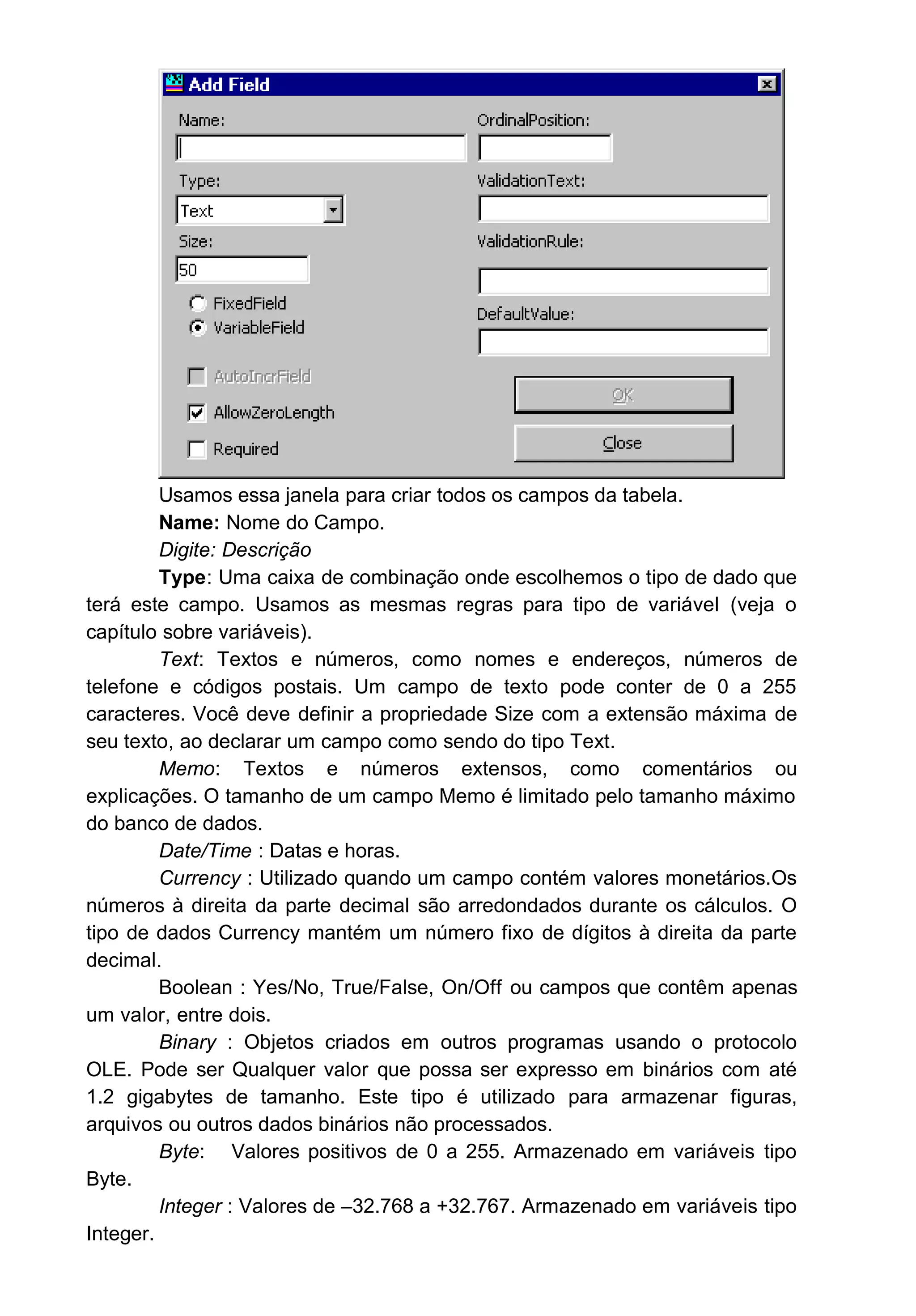 Usamos essa janela para criar todos os campos da tabela.
Name: Nome do Campo.
Digite: Descrição
Type: Uma caixa de combinação onde escolhemos o tipo de dado que
terá este campo. Usamos as mesmas regras para tipo de variável (veja o
capítulo sobre variáveis).
Text: Textos e números, como nomes e endereços, números de
telefone e códigos postais. Um campo de texto pode conter de 0 a 255
caracteres. Você deve definir a propriedade Size com a extensão máxima de
seu texto, ao declarar um campo como sendo do tipo Text.
Memo: Textos e números extensos, como comentários ou
explicações. O tamanho de um campo Memo é limitado pelo tamanho máximo
do banco de dados.
Date/Time : Datas e horas.
Currency : Utilizado quando um campo contém valores monetários.Os
números à direita da parte decimal são arredondados durante os cálculos. O
tipo de dados Currency mantém um número fixo de dígitos à direita da parte
decimal.
Boolean : Yes/No, True/False, On/Off ou campos que contêm apenas
um valor, entre dois.
Binary : Objetos criados em outros programas usando o protocolo
OLE. Pode ser Qualquer valor que possa ser expresso em binários com até
1.2 gigabytes de tamanho. Este tipo é utilizado para armazenar figuras,
arquivos ou outros dados binários não processados.
Byte: Valores positivos de 0 a 255. Armazenado em variáveis tipo
Byte.
Integer : Valores de –32.768 a +32.767. Armazenado em variáveis tipo
Integer.
 