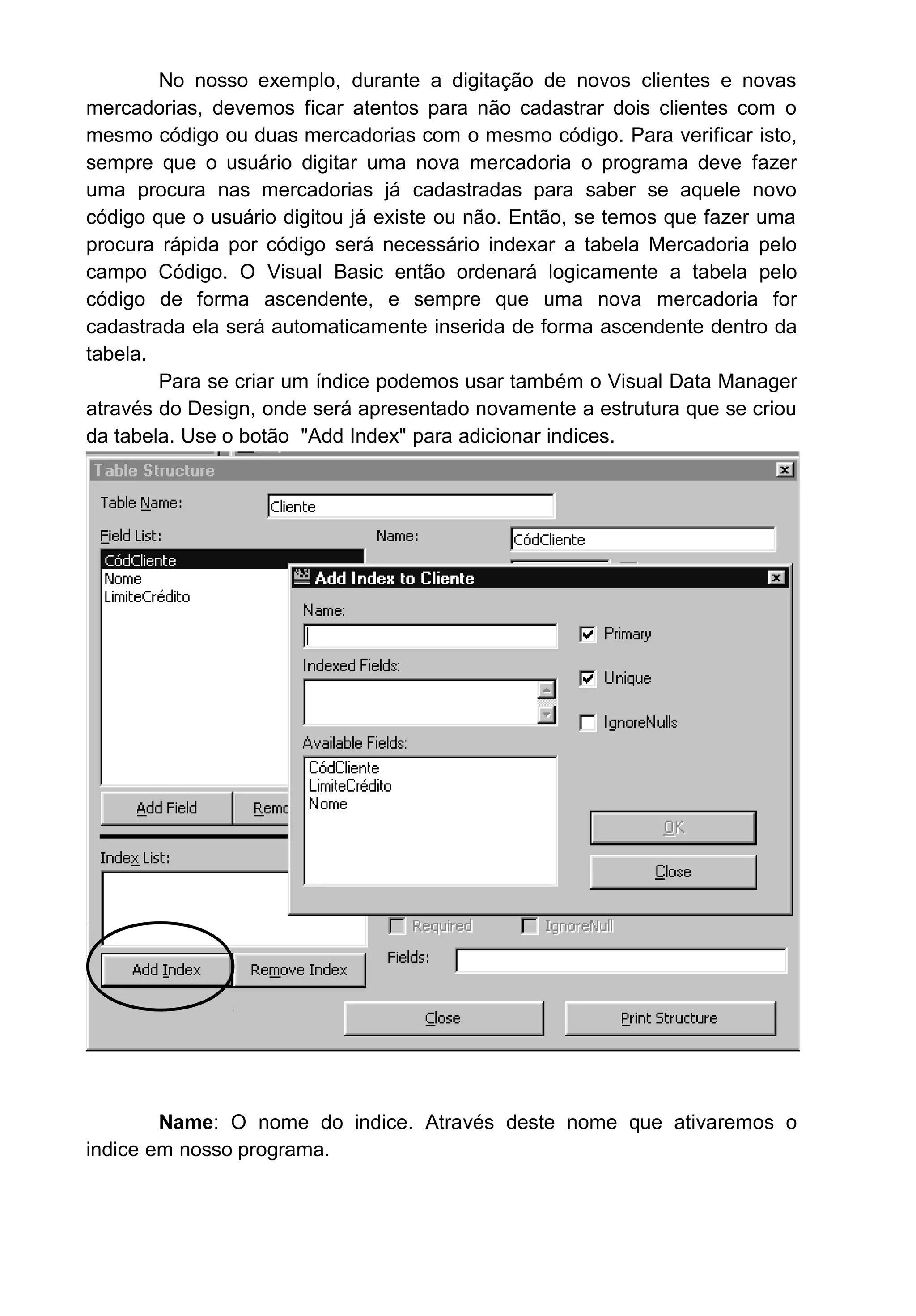 No nosso exemplo, durante a digitação de novos clientes e novas
mercadorias, devemos ficar atentos para não cadastrar dois clientes com o
mesmo código ou duas mercadorias com o mesmo código. Para verificar isto,
sempre que o usuário digitar uma nova mercadoria o programa deve fazer
uma procura nas mercadorias já cadastradas para saber se aquele novo
código que o usuário digitou já existe ou não. Então, se temos que fazer uma
procura rápida por código será necessário indexar a tabela Mercadoria pelo
campo Código. O Visual Basic então ordenará logicamente a tabela pelo
código de forma ascendente, e sempre que uma nova mercadoria for
cadastrada ela será automaticamente inserida de forma ascendente dentro da
tabela.
Para se criar um índice podemos usar também o Visual Data Manager
através do Design, onde será apresentado novamente a estrutura que se criou
da tabela. Use o botão "Add Index" para adicionar indices.
Name: O nome do indice. Através deste nome que ativaremos o
indice em nosso programa.
 