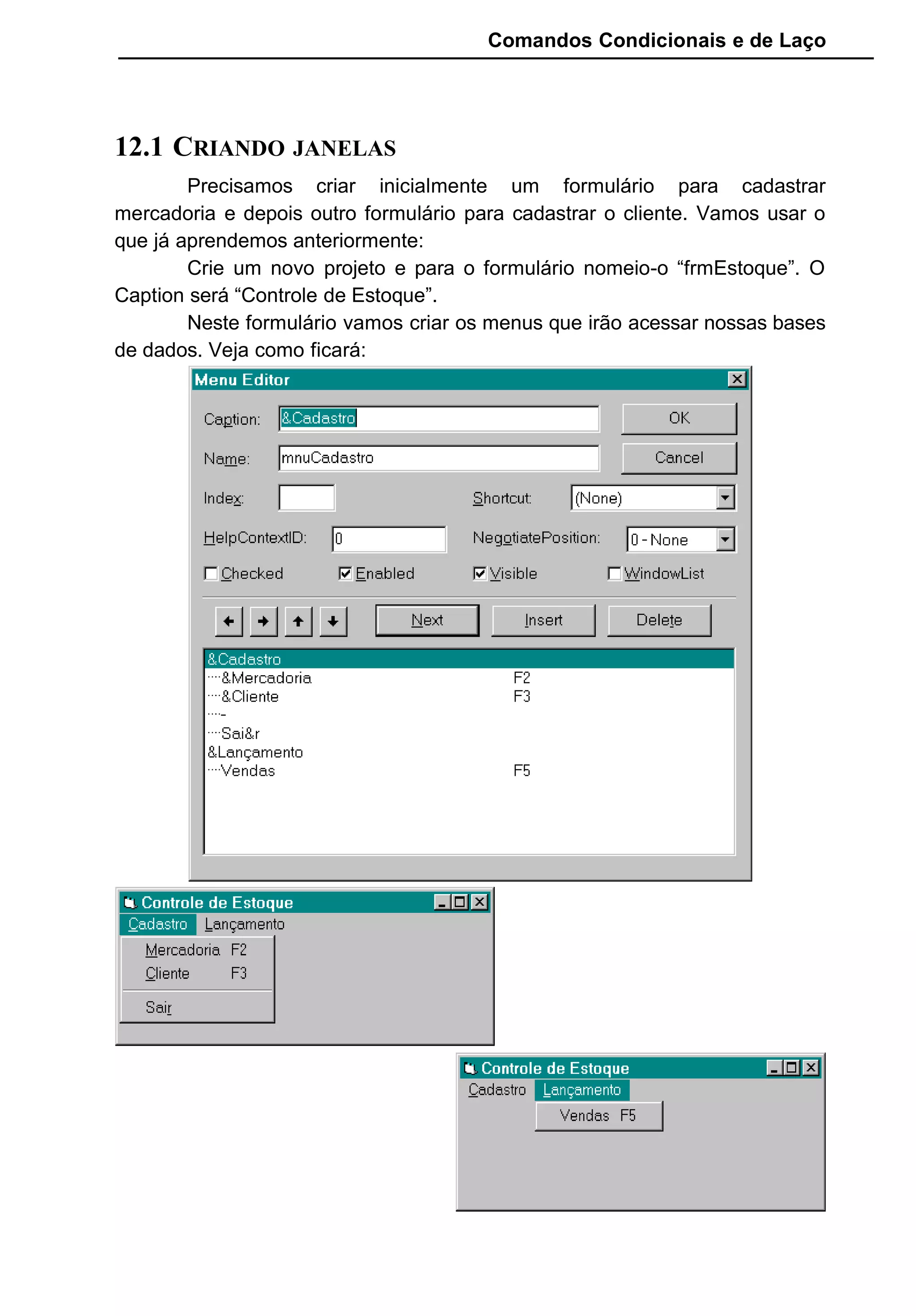 Comandos Condicionais e de Laço
12.1 CRIANDO JANELAS
Precisamos criar inicialmente um formulário para cadastrar
mercadoria e depois outro formulário para cadastrar o cliente. Vamos usar o
que já aprendemos anteriormente:
Crie um novo projeto e para o formulário nomeio-o “frmEstoque”. O
Caption será “Controle de Estoque”.
Neste formulário vamos criar os menus que irão acessar nossas bases
de dados. Veja como ficará:
 