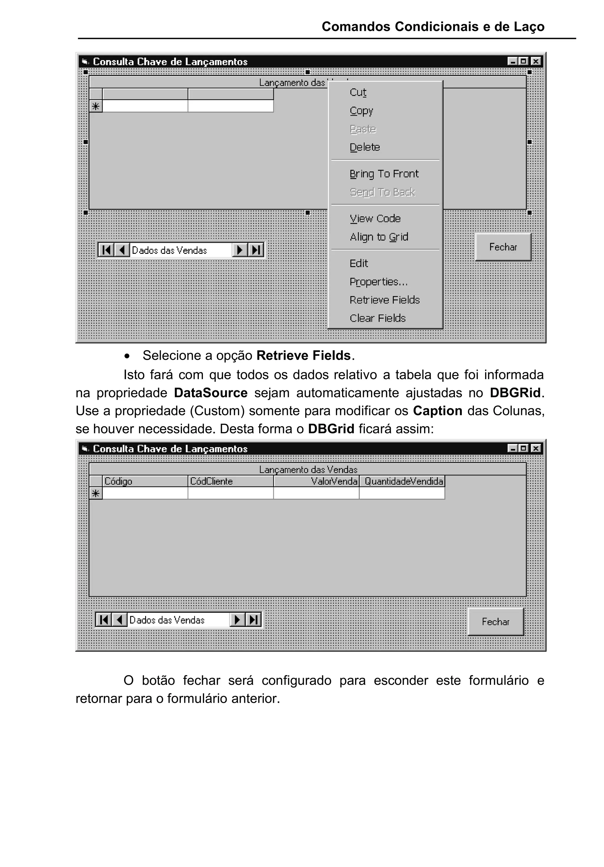 Comandos Condicionais e de Laço
• Selecione a opção Retrieve Fields.
Isto fará com que todos os dados relativo a tabela que foi informada
na propriedade DataSource sejam automaticamente ajustadas no DBGRid.
Use a propriedade (Custom) somente para modificar os Caption das Colunas,
se houver necessidade. Desta forma o DBGrid ficará assim:
O botão fechar será configurado para esconder este formulário e
retornar para o formulário anterior.
 