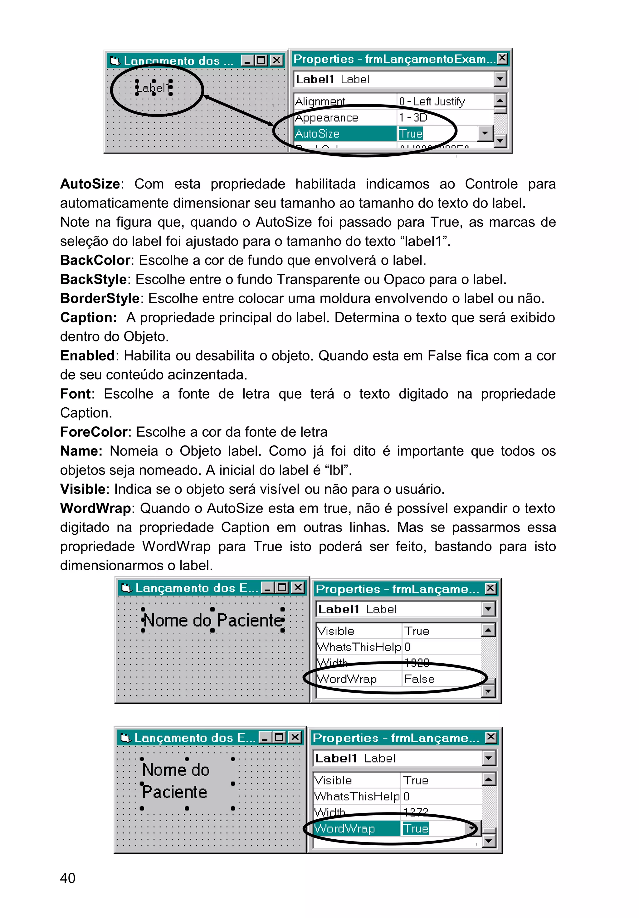 AutoSize: Com esta propriedade habilitada indicamos ao Controle para
automaticamente dimensionar seu tamanho ao tamanho do texto do label.
Note na figura que, quando o AutoSize foi passado para True, as marcas de
seleção do label foi ajustado para o tamanho do texto “label1”.
BackColor: Escolhe a cor de fundo que envolverá o label.
BackStyle: Escolhe entre o fundo Transparente ou Opaco para o label.
BorderStyle: Escolhe entre colocar uma moldura envolvendo o label ou não.
Caption: A propriedade principal do label. Determina o texto que será exibido
dentro do Objeto.
Enabled: Habilita ou desabilita o objeto. Quando esta em False fica com a cor
de seu conteúdo acinzentada.
Font: Escolhe a fonte de letra que terá o texto digitado na propriedade
Caption.
ForeColor: Escolhe a cor da fonte de letra
Name: Nomeia o Objeto label. Como já foi dito é importante que todos os
objetos seja nomeado. A inicial do label é “lbl”.
Visible: Indica se o objeto será visível ou não para o usuário.
WordWrap: Quando o AutoSize esta em true, não é possível expandir o texto
digitado na propriedade Caption em outras linhas. Mas se passarmos essa
propriedade WordWrap para True isto poderá ser feito, bastando para isto
dimensionarmos o label.
40
 