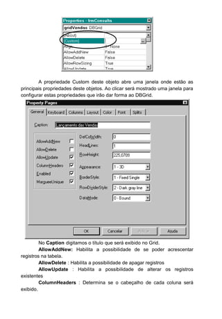 A propriedade Custom deste objeto abre uma janela onde estão as
principais propriedades deste objetos. Ao clicar será mostrado uma janela para
configurar estas propriedades que irão dar forma ao DBGrid.
No Caption digitamos o título que será exibido no Grid.
AllowAddNew: Habilita a possibilidade de se poder acrescentar
registros na tabela.
AllowDelete : Habilita a possibilidade de apagar registros
AllowUpdate : Habilita a possibilidade de alterar os registros
existentes
ColumnHeaders : Determina se o cabeçalho de cada coluna será
exibido.
 