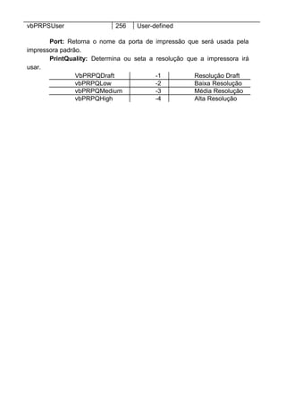 vbPRPSUser 256 User-defined
Port: Retorna o nome da porta de impressão que será usada pela
impressora padrão.
PrintQuality: Determina ou seta a resolução que a impressora irá
usar.
VbPRPQDraft -1 Resolução Draft
vbPRPQLow -2 Baixa Resolução
vbPRPQMedium -3 Média Resolução
vbPRPQHigh -4 Alta Resolução
 