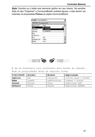 Controles Básicos
Style: Escolhe se o botão terá elemento gráfico em seu interior. Se escolher
Style do tipo "Graphical" o CommandButton aceitará figuras, e elas devem ser
inseridas na propriedade Picture do objeto CommandButton
• Em um formulário novo acrescente dois botões de comando.
Mude as propriedades deles da seguinte forma:
Propriedade botão1 Botão2 Explicação
Caption OK Cancelar título para o botão
Name cmdOk cmdCancelar nomear o botão
Cancel False True habilitar ESC
Default True False habilitar ENTER
37
 