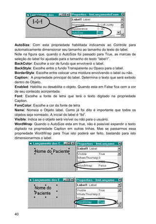 AutoSize: Com esta propriedade habilitada indicamos ao Controle para
automaticamente dimensionar seu tamanho ao tamanho do texto do label.
Note na figura que, quando o AutoSize foi passado para True, as marcas de
seleção do label foi ajustado para o tamanho do texto “label1”.
BackColor: Escolhe a cor de fundo que envolverá o label.
BackStyle: Escolhe entre o fundo Transparente ou Opaco para o label.
BorderStyle: Escolhe entre colocar uma moldura envolvendo o label ou não.
Caption: A propriedade principal do label. Determina o texto que será exibido
dentro do Objeto.
Enabled: Habilita ou desabilita o objeto. Quando esta em False fica com a cor
de seu conteúdo acinzentada.
Font: Escolhe a fonte de letra que terá o texto digitado na propriedade
Caption.
ForeColor: Escolhe a cor da fonte de letra
Name: Nomeia o Objeto label. Como já foi dito é importante que todos os
objetos seja nomeado. A inicial do label é “lbl”.
Visible: Indica se o objeto será visível ou não para o usuário.
WordWrap: Quando o AutoSize esta em true, não é possível expandir o texto
digitado na propriedade Caption em outras linhas. Mas se passarmos essa
propriedade WordWrap para True isto poderá ser feito, bastando para isto
dimensionarmos o label.
40
 