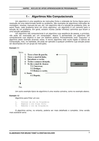 .: NAPRO :. NÚCLEO DE APOIO APRENDIZAGEM DE PROGRAMAÇÃO
ELABORADO POR BRUNO TONET & CRISTIAN KOLIVER 3
1 - Algoritmos Não Computacionais
Um algoritmo é uma seqüência de instruções finita e ordenada de forma lógica para a
resolução de uma determinada tarefa ou problema. São exemplos de algoritmos instruções de
montagem, receitas, manuais de uso, etc. Um algoritmo não é a solução do problema, pois, se
assim fosse, cada problema teria um único algoritmo; um algoritmo é um caminho para a
solução de um problema. Em geral, existem muitos (senão infinitos) caminhos que levam a
uma solução satisfatória.
Um algoritmo não computacional é um algoritmo cuja seqüência de passos, a princípio,
não pode ser executada por um computador. Abaixo é apresentado um algoritmo não
computacional cujo objetivo é usar um telefone público. Provavelmente você “executou” o
algoritmo deste exemplo diversas vezes. O termo algoritmo está muito ligado à Ciência da
Computação, mas, na realidade, ele pode ser aplicado a qualquer problema cuja solução possa
ser decomposta em um grupo de instruções.
Exemplo 1.1
Um outro exemplo típico de algoritmo é uma receita culinária, como no exemplo abaixo.
Exemplo 1.2
Algoritmo para fritar um ovo
1. Colocar um ovo na frigideira
2. Esperar o ovo ficar frito
3. Remover o ovo da frigideira
O algoritmo acima, no entanto, poderia ser mais detalhado e completo. Uma versão
mais aceitável seria:
 