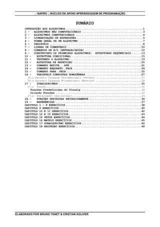 .: NAPRO :. NÚCLEO DE APOIO APRENDIZAGEM DE PROGRAMAÇÃO


                                        SUMÁRIO
     INTRODUÇÃO AOS ALGORITMOS ................................................1
     1 -   ALGORITMOS NÃO COMPUTACIONAIS ......................................3
     2 -   ALGORITMOS COMPUTACIONAIS ..........................................4
     3 -   LINEARIZAÇÃO DE EXPRESSÕES .........................................5
     4 -   FORMA GERAL DE UM ALGORITMO ........................................7
     5 -   VARIÁVEIS ..........................................................8
     7 -   LINHAS DE COMENTÁRIO ..............................................10
     8 -   COMANDOS DE E/S (ENTRADA/SAÍDA) ...................................10
     9 -   CONSTRUINDO OS PRIMEIROS ALGORITMOS: ESTRUTURAS SEQÜENCIAIS ......13
     10 -    ESTRUTURA CONDICIONAL ...........................................15
     11 -    TESTANDO O ALGORITMO ............................................19
     12 -    ESTRUTURA DE REPETIÇÃO ..........................................20
     13 -    COMANDO REPITA...ATE ............................................21
     14 -    COMANDO ENQUANTO..FACA ..........................................24
     15 -    COMANDO PARA..FACA ..............................................25
     16 -    VARIÁVEIS COMPOSTAS HOMOGÊNEAS ..................................27
       16.A VARIÁVEIS INDEXADAS UNIDIMENSIONAIS (VETORES) ............................27
       16.B VARIÁVEIS INDEXADAS BIDIMENSIONAIS (MATRIZES) ............................28
     17 -    SUBALGORITMOS ...................................................30
       17.A FUNÇÕES ...........................................................30
         Funções Predefinidas do Visualg .....................................30
         Criando Funções .....................................................32
       17.B PROCEDIMENTO (SUB_ROTINAS)...........................................33
     18 -    FUNÇÕES DEFINIDAS RECURSIVAMENTE ................................34
     19 -    REFERÊNCIAS .....................................................37
     CAPITULO 1 – 8 EXERCÍCIOS ...............................................38
     CAPITULO 9 EXERCÍCIOS ...................................................40
     CAPITULO 10 E 11 EXERCÍCIOS .............................................42
     CAPITULO 12 E 15 EXERCÍCIOS .............................................43
     CAPITULO 16 VETOR EXERCÍCIOS ............................................44
     CAPITULO 16 MATRIZ EXERCÍCIOS ...........................................45
     CAPITULO 17 SUBALGORITMO EXERCÍCIOS .....................................46
     CAPITULO 18 RECURSÃO EXERCÍCIOS .........................................48




ELABORADO POR BRUNO TONET & CRISTIAN KOLIVER
 