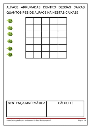 ALFACE ARRUMADAS DENTRO DESSAS CAIXAS.
QUANTOS PÉS DE ALFACE HÁ NESTAS CAIXAS?
SENTENÇA MATEMÁTICA CÁLCULO
Apostila adaptada pela professora da Sala Multifuncional Página 13
 