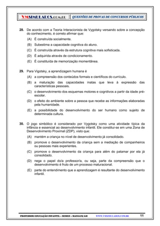 VMSIMULADOS.COM.BR
PROFESSOR EDUCAÇÃO INFANTIL – SEMED – MANAUS/AM WWW.VMSIMULADOS.COM.BR 11
28. De acordo com a Teoria Interacionista de Vygotsky versando sobre a concepção
do conhecimento, é correto afirmar que:
(A) É construída socialmente.
(B) Subestima a capacidade cognitiva do aluno.
(C) É construída através da estrutura cognitiva mais sofisticada.
(D) É adquirida através de condicionamento.
(E) É constituída de memorização momentânea.
29. Para Vigotsky, a aprendizagem humana é
(A) a compreensão dos conteúdos formais e científicos do currículo.
(B) a maturação das capacidades inatas que leva à expressão das
características pessoais.
(C) o desenvolvimento dos esquemas motores e cognitivos a partir da idade pré-
escolar.
(D) o efeito do ambiente sobre a pessoa que recebe as informações elaboradas
pela humanidade.
(E) a possibilidade do desenvolvimento do ser humano como sujeito de
determinada cultura.
30. O jogo simbólico é considerado por Vygotsky como uma atividade típica da
infância e essencial ao desenvolvimento infantil. Ele constitui-se em uma Zona de
Desenvolvimento Proximal (ZDP), visto que:
(A) mantém a criança no nível de desenvolvimento já consolidado.
(B) promove o desenvolvimento da criança sem a mediação de companheiros
ou pessoas mais experientes.
(C) promove o desenvolvimento da criança para além do patamar por ela já
consolidado.
(D) nega o papel do/a professor/a, ou seja, parte da compreensão que o
desenvolvimento é fruto de um processo maturacional.
(E) parte do entendimento que a aprendizagem é resultante do desenvolvimento
infantil.
 