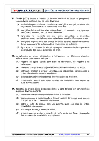VMSIMULADOS.COM.BR
PROFESSOR EDUCAÇÃO INFANTIL – SEMED – MANAUS/AM WWW.VMSIMULADOS.COM.BR 32
82. Weisz (2002) discute a questão do erro no processo educativo na perspectiva
construtivista e defende que os erros devam ser
(A) assinalados pelo professor com clareza e corrigidos pelo próprio aluno, não
importando o momento nem os recursos utilizados.
(B) corrigidos de forma informativa pelo professor, no momento certo, que nem
sempre é o momento em que foram cometidos.
(C) ignorados no momento em que foram cometidos, e discutidos,
posteriormente, com todos os alunos da classe, sem identificar quem errou.
(D) corrigidos longe da vista dos alunos, os quais deverão passar o trabalho a
limpo posteriormente, submetendo-o, novamente, ao professor.
(E) ignorados no processo de alfabetização para não desestimular o processo
de produção dos alunos pelo medo de errar.
83. A aplicação de jogos, brincadeiras e brinquedos, em diferentes situações
educacionais, pode ser um meio para:
(A) registrar as ações lúdicas com base na observação, no registro e no
tratamento.
(B) mapear a criança em sua trajetória lúdica durante sua vivência na escola.
(C) estimular, analisar e avaliar aprendizagens específicas, competências e
potencialidades das crianças envolvidas.
(D) diagnosticar valores interessantes e necessidades do indivíduo.
(E) compreender melhor suas ações e fazer um diagnóstico mais seguro de
suas aprendizagens.
84. Na rotina da creche, existe o horário do sono. O sono da tarde tem características
próprias, devendo, portanto:
(A) recriar um ambiente completamente escuro e silencioso.
(B) apenas quebrar a luminosidade e diminuir o ritmo da creche, para que as
crianças se sintam convidadas a descansar.
(C) cobrir o rosto da criança com um paninho, para que elas se sintam
convidadas a descansar.
(D) aconchegar a criança no colo e niná-la.
(E) somente colocar a criança para dormir, após saciar sua fome, oferecendo-
lhe, por exemplo, uma bebida achocolatada.
 
