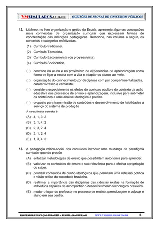 VMSIMULADOS.COM.BR
PROFESSOR EDUCAÇÃO INFANTIL – SEMED – MANAUS/AM WWW.VMSIMULADOS.COM.BR 5
12. Libâneo, no livro organização e gestão da Escola, apresenta algumas concepções
mais conhecidas de organização curricular que expressam formas de
concretização das intenções pedagógicas. Relacione, nas colunas a seguir, os
conceitos e categorias enfatizadas.
(1) Currículo tradicional.
(2) Currículo Tecnicista.
(3) Currículo Escolanovista (ou progressivista).
(4) Currículo Sociocrítico.
( ) centrado no aluno e no provimento de experiências de aprendizagem como
forma de ligar a escola com a vida e adaptar os alunos ao meio.
( ) organização do conhecimento por disciplinas com por compartimentalizadas,
caráter livresco e verbalista.
( ) considera especialmente os efeitos do currículo oculto e do contexto da ação
educativa nos processos de ensino e aprendizagem, inclusive para submeter
os conteúdos a uma análise ideológica e política.
( ) proposto para transmissão de conteúdos e desenvolvimento de habilidades a
serviço do sistema de produção.
A sequência correta é:
(A) 4, 1, 3, 2
(B) 3, 1, 4, 2
(C) 2, 3, 2, 4
(D) 3, 1, 2, 4
(E) 1, 3, 4, 2
13. A pedagogia crítico-social dos conteúdos introduz uma mudança de paradigma
curricular quando propõe
(A) enfatizar metodologias de ensino que possibilitem autonomia para aprender.
(B) valorizar os conteúdos de ensino e sua relevância para a efetiva apropriação
do saber.
(C) priorizar conteúdos de cunho ideológicos que permitam uma reflexão política
e visão crítica da sociedade brasileira.
(D) reafirmar a importância das disciplinas das ciências exatas na formação de
indivíduos capazes de acompanhar o desenvolvimento tecnológico brasileiro.
(E) mudar o lugar do professor no processo de ensino aprendizagem e colocar o
aluno em seu centro.
 