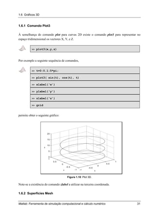 1.6 Gráficos 3D
Matlab: Ferramenta de simulação computacional e cálculo numérico 31
1.6.1 Comando Plot3
À semelhança do comando plot para curvas 2D existe o comando plot3 para representar no
espaço tridimensional os vectores X, Y, e Z.
>> plot3(x,y,z)
Por exemplo a seguinte sequência de comandos,
>> t=0:0.1:5*pi;
>> plot3( sin(t), cos(t), t)
>> xlabel(‘x’)
>> ylabel(‘y’)
>> zlabel(‘z’)
>> grid
permite obter o seguinte gráfico:
-1
-0.5
0
0.5
1
-1
-0.5
0
0.5
1
0
5
10
15
20
xy
z
Figura 1.10: Plot 3D.
Note-se a existência do comando zlabel a utilizar na terceira coordenada.
1.6.2 Superfícies Mesh
 