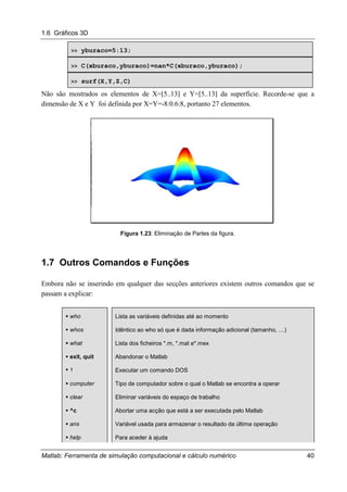 1.6 Gráficos 3D
Matlab: Ferramenta de simulação computacional e cálculo numérico 40
>> yburaco=5:13;
>> C(xburaco,yburaco)=nan*C(xburaco,yburaco);
>> surf(X,Y,Z,C)
Não são mostrados os elementos de X=[5..13] e Y=[5..13] da superfície. Recorde-se que a
dimensão de X e Y foi definida por X=Y=-8:0.6:8, portanto 27 elementos.
Figura 1.23: Eliminação de Partes da figura.
1.7 Outros Comandos e Funções
Embora não se inserindo em qualquer das secções anteriores existem outros comandos que se
passam a explicar:
"""" who Lista as variáveis definidas até ao momento
"""" whos Idêntico ao who só que é dada informação adicional (tamanho, …)
"""" what Lista dos ficheiros *.m, *.mat e*.mex
"""" exit, quit Abandonar o Matlab
"""" ! Executar um comando DOS
"""" computer Tipo de computador sobre o qual o Matlab se encontra a operar
"""" clear Eliminar variáveis do espaço de trabalho
"""" ^c Abortar uma acção que está a ser executada pelo Matlab
"""" ans Variável usada para armazenar o resultado da última operação
"""" help Para aceder à ajuda
 
