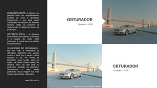 www.3dm.com.br
Duração = 1/300
OBTURADOR
ENQUADRAMENTO - A câmera nos
permite fazer um enquadramento
perfeito da cena e renderizar
exatamente o que está sendo
visualizado na viewport. No 3ds Max
sempre utilize os Quadros de
Segurança e no Sketch as barras de
proporção.
DISTÂNCIA FOCAL - A distância
focal define quão aberto ou fechado
é o ângulo de visão. Esse
parâmetro é crucial para um perfeito
enquadramento.
VELOCIDADE DO OBTURADOR -
Na vida real, a velocidade do
obturador determina por quanto
tempo o filme (ou o sensor) ficará
exposto à luz. No V-Ray do
SketchUp essa função está em
inglês, se chama shutter speed. Na
câmera física do 3ds está no
parâmetro duração do obturador.
Aumentando o valor desse
parâmetro nossa imagem fica mais
escura, diminuindo, mais clara.
Duração = 1/100
OBTURADOR
Imagens do Curso de V-Ray para 3ds Max
 
