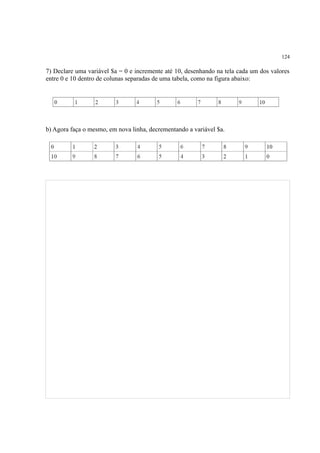 124
7) Declare uma variável $a = 0 e incremente até 10, desenhando na tela cada um dos valores
entre 0 e 10 dentro de colunas separadas de uma tabela, como na figura abaixo:
b) Agora faça o mesmo, em nova linha, decrementando a variável $a.
 