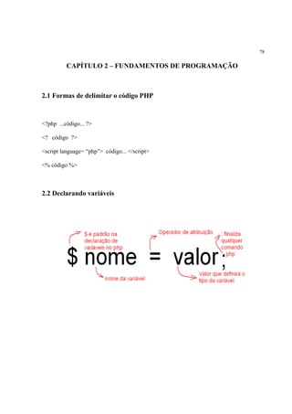 78
CAPÍTULO 2 – FUNDAMENTOS DE PROGRAMAÇÃO
2.1 Formas de delimitar o código PHP
<?php ...código... ?>
<? código ?>
<script language= “php”> código... </script>
<% código %>
2.2 Declarando variáveis
 