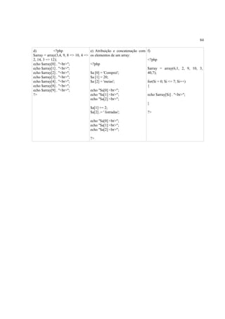 84
d) <?php
$array = array(3,4, 9, 8 => 10, 4 =>
2, 14, 3 => 12);
echo $array[0] . "<br>";
echo $array[1] . "<br>";
echo $array[2] . "<br>";
echo $array[3] . "<br>";
echo $array[4] . "<br>";
echo $array[8] . "<br>";
echo $array[9] . "<br>";
?>
e) Atribuição e concatenação com
os elementos de um array:
<?php
$a [0] = 'Comprei';
$a [1] = 20;
$a [2] = 'meias';
echo "$a[0] <br>";
echo "$a[1] <br>";
echo "$a[2] <br>";
$a[1] += 2;
$a[2] .= ' listradas';
echo "$a[0] <br>";
echo "$a[1] <br>";
echo "$a[2] <br>";
?>
f)
<?php
$array = array(6,1, 2, 9, 10, 3,
40,7);
for($i = 0; $i <= 7; $i++)
{
echo $array[$i] . "<br>";
}
?>
 