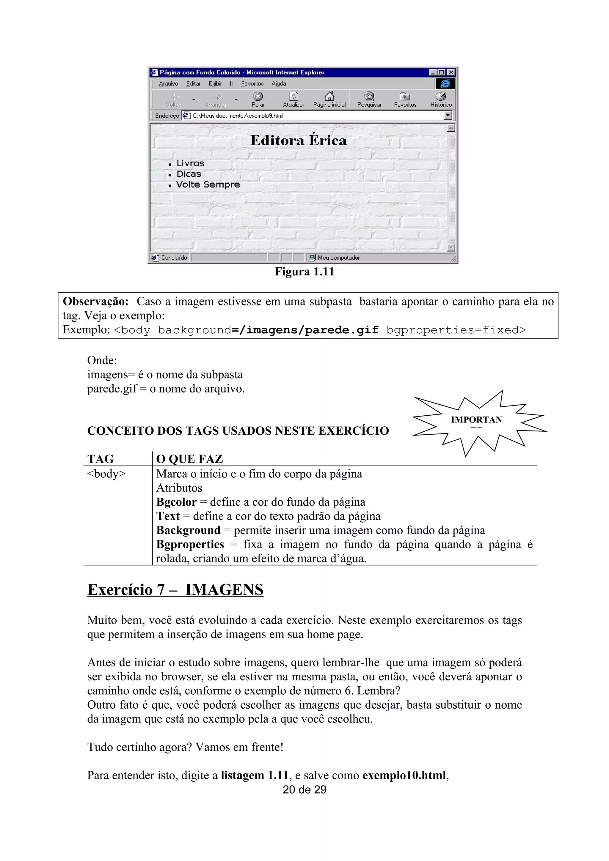 Figura 1.11

Observação: Caso a imagem estivesse em uma subpasta bastaria apontar o caminho para ela no
tag. Veja o exemplo:
Exemplo: <body background=/imagens/parede.gif bgproperties=fixed>

    Onde:
    imagens= é o nome da subpasta
    parede.gif = o nome do arquivo.

                                                                               IMPORTAN
    CONCEITO DOS TAGS USADOS NESTE EXERCÍCIO                                      TE


    TAG          O QUE FAZ
    <body>       Marca o início e o fim do corpo da página
                 Atributos
                 Bgcolor = define a cor do fundo da página
                 Text = define a cor do texto padrão da página
                 Background = permite inserir uma imagem como fundo da página
                 Bgproperties = fixa a imagem no fundo da página quando a página é
                 rolada, criando um efeito de marca d’água.

    Exercício 7 – IMAGENS
    Muito bem, você está evoluindo a cada exercício. Neste exemplo exercitaremos os tags
    que permitem a inserção de imagens em sua home page.

    Antes de iniciar o estudo sobre imagens, quero lembrar-lhe que uma imagem só poderá
    ser exibida no browser, se ela estiver na mesma pasta, ou então, você deverá apontar o
    caminho onde está, conforme o exemplo de número 6. Lembra?
    Outro fato é que, você poderá escolher as imagens que desejar, basta substituir o nome
    da imagem que está no exemplo pela a que você escolheu.

    Tudo certinho agora? Vamos em frente!

    Para entender isto, digite a listagem 1.11, e salve como exemplo10.html,
                                          20 de 29
 