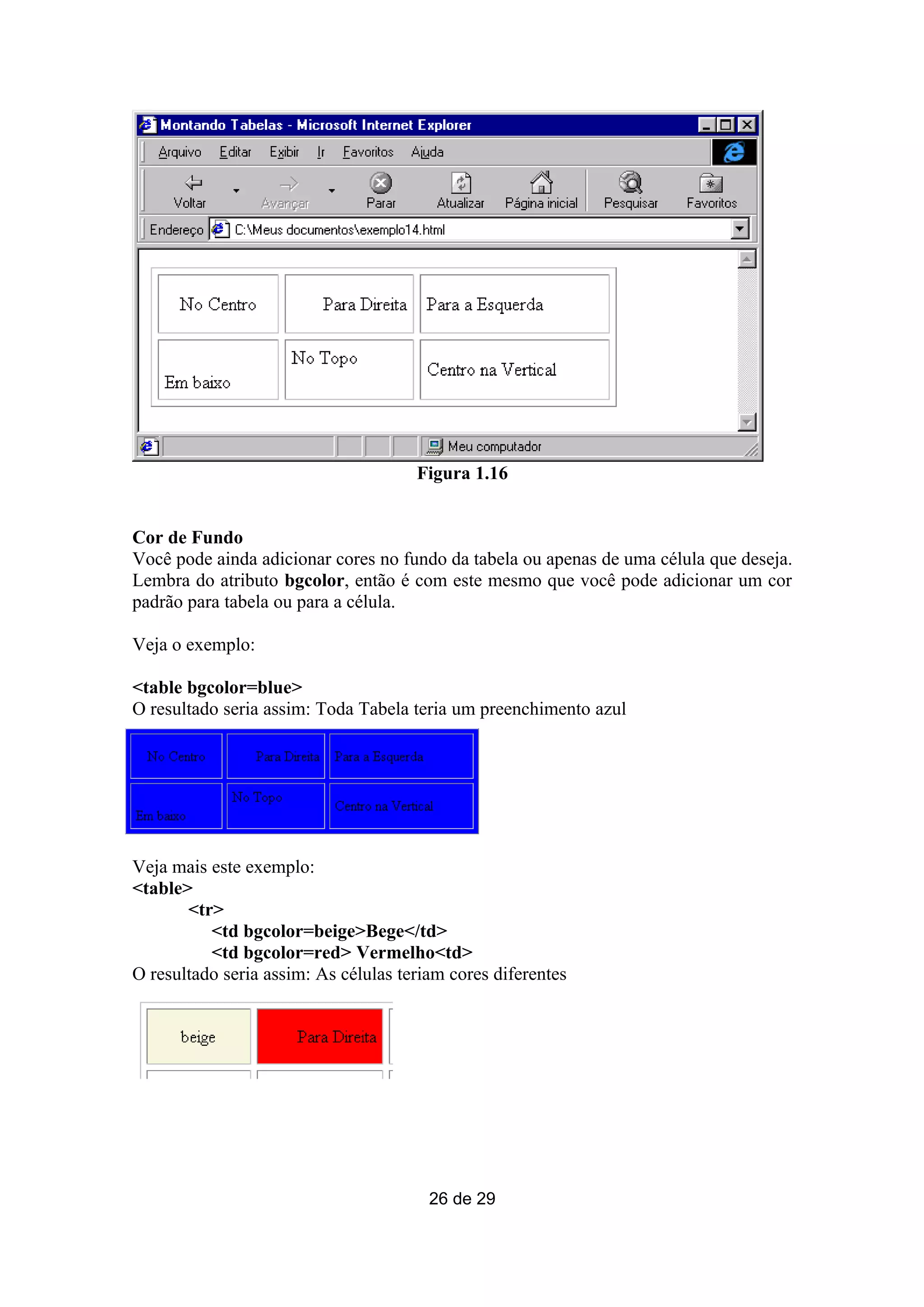 Figura 1.16


Cor de Fundo
Você pode ainda adicionar cores no fundo da tabela ou apenas de uma célula que deseja.
Lembra do atributo bgcolor, então é com este mesmo que você pode adicionar um cor
padrão para tabela ou para a célula.

Veja o exemplo:

<table bgcolor=blue>
O resultado seria assim: Toda Tabela teria um preenchimento azul




Veja mais este exemplo:
<table>
       <tr>
          <td bgcolor=beige>Bege</td>
          <td bgcolor=red> Vermelho<td>
O resultado seria assim: As células teriam cores diferentes




                                        26 de 29
 