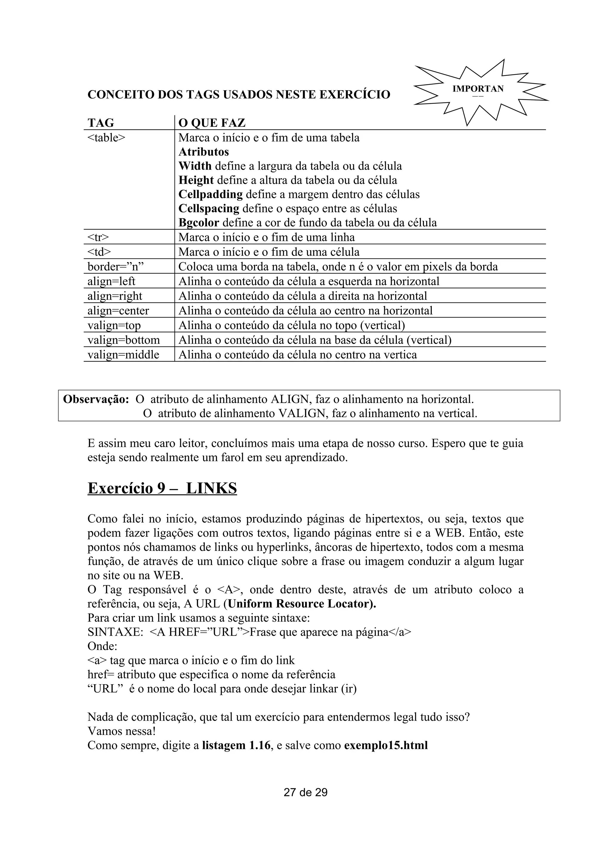 IMPORTAN
    CONCEITO DOS TAGS USADOS NESTE EXERCÍCIO                                  TE

    TAG              O QUE FAZ
    <table>          Marca o início e o fim de uma tabela
                     Atributos
                     Width define a largura da tabela ou da célula
                     Height define a altura da tabela ou da célula
                     Cellpadding define a margem dentro das células
                     Cellspacing define o espaço entre as células
                     Bgcolor define a cor de fundo da tabela ou da célula
    <tr>             Marca o início e o fim de uma linha
    <td>             Marca o início e o fim de uma célula
    border=”n”       Coloca uma borda na tabela, onde n é o valor em pixels da borda
    align=left       Alinha o conteúdo da célula a esquerda na horizontal
    align=right      Alinha o conteúdo da célula a direita na horizontal
    align=center     Alinha o conteúdo da célula ao centro na horizontal
    valign=top       Alinha o conteúdo da célula no topo (vertical)
    valign=bottom    Alinha o conteúdo da célula na base da célula (vertical)
    valign=middle    Alinha o conteúdo da célula no centro na vertica


Observação: O atributo de alinhamento ALIGN, faz o alinhamento na horizontal.
             O atributo de alinhamento VALIGN, faz o alinhamento na vertical.

    E assim meu caro leitor, concluímos mais uma etapa de nosso curso. Espero que te guia
    esteja sendo realmente um farol em seu aprendizado.

    Exercício 9 – LINKS
    Como falei no início, estamos produzindo páginas de hipertextos, ou seja, textos que
    podem fazer ligações com outros textos, ligando páginas entre si e a WEB. Então, este
    pontos nós chamamos de links ou hyperlinks, âncoras de hipertexto, todos com a mesma
    função, de através de um único clique sobre a frase ou imagem conduzir a algum lugar
    no site ou na WEB.
    O Tag responsável é o <A>, onde dentro deste, através de um atributo coloco a
    referência, ou seja, A URL (Uniform Resource Locator).
    Para criar um link usamos a seguinte sintaxe:
    SINTAXE: <A HREF=”URL”>Frase que aparece na página</a>
    Onde:
    <a> tag que marca o início e o fim do link
    href= atributo que especifica o nome da referência
    “URL” é o nome do local para onde desejar linkar (ir)

    Nada de complicação, que tal um exercício para entendermos legal tudo isso?
    Vamos nessa!
    Como sempre, digite a listagem 1.16, e salve como exemplo15.html


                                          27 de 29
 