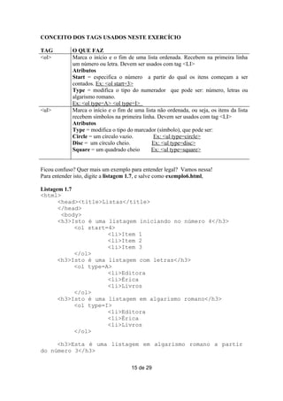 CONCEITO DOS TAGS USADOS NESTE EXERCÍCIO

TAG          O QUE FAZ
<ol>         Marca o início e o fim de uma lista ordenada. Recebem na primeira linha
             um número ou letra. Devem ser usados com tag <LI>
             Atributos
             Start = especifica o número a partir do qual os itens começam a ser
             contados. Ex: <ol start=3>
             Type = modifica o tipo do numerador que pode ser: número, letras ou
             algarismo romano.
             Ex: <ol type=A> <ol type=I>
<ul>         Marca o início e o fim de uma lista não ordenada, ou seja, os itens da lista
             recebem símbolos na primeira linha. Devem ser usados com tag <LI>
             Atributos
             Type = modifica o tipo do marcador (símbolo), que pode ser:
             Circle = um círculo vazio.        Ex: <ul type=circle>
             Disc = um círculo cheio.         Ex: <ul type=disc>
             Square = um quadrado cheio       Ex: <ul type=square>


Ficou confuso? Quer mais um exemplo para entender legal? Vamos nessa!
Para entender isto, digite a listagem 1.7, e salve como exemplo6.html,

Listagem 1.7
<html>
       <head><title>Listas</title>
       </head>
        <body>
       <h3>Isto é uma listagem iniciando no número 4</h3>
             <ol start=4>
                       <li>Item 1
                       <li>Item 2
                       <li>Item 3
             </ol>
       <h3>Isto é uma listagem com letras</h3>
             <ol type=A>
                       <li>Editora
                       <li>Érica
                       <li>Livros
             </ol>
       <h3>Isto é uma listagem em algarismo romano</h3>
             <ol type=I>
                       <li>Editora
                       <li>Érica
                       <li>Livros
             </ol>

     <h3>Esta é uma listagem em algarismo romano a partir
do número 3</h3>

                                      15 de 29
 