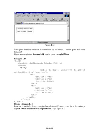 Figura 1.13

Você pode também controlar as dimensões de sua tabela. Vamos para mais uma
listagem?
Como sempre, digite a listagem 1.14, e salve como exemplo13.html

Listagem 1.14
<html>
     <head><title>Montando Tabelas</title>
     </head>
        <body>
                              <table border=1 width=400 height=50
cellpadding=5 cellspacing=5>
                   <tr>
                        <td>Item 1</td>
                        <td>Item 2</td>
                          <td>Item 3</td>
                    </tr>
                    <tr>
                        <td>Item 4</td>
                        <td>Item 5</td>
                        <td>Item 6</td>
                    </tr>
              </table>
         </body>
</html>
Fim da Listagem 1.14
Para ver o resultado deste exemplo abra o Internet Explorer, e na barra de endereço
digite C:Meus documentosexemplo13.html. Veja figura 1.15




                                     24 de 29
 