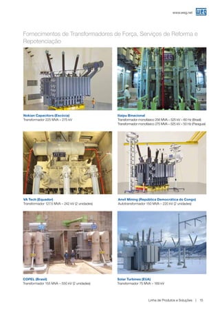 www.weg.net
Linha de Produtos e Soluções 15
Fornecimentos de Transformadores de Força, Serviços de Reforma e
Repotenciação
Nokian Capacitors (Escócia)
Transformador 225 MVA – 275 kV
Itaipu Binacional
Transformador monofásico 256 MVA – 525 kV – 60 Hz (Brasil)
Transformador monofásico 275 MVA – 525 kV – 50 Hz (Paraguai)
VA Tech (Equador)
Transformador 127,5 MVA – 242 kV (2 unidades)
COPEL (Brasil)
Transformador 155 MVA – 550 kV (2 unidades)
Solar Turbines (EUA)
Transformador 75 MVA – 169 kV
Anvil Mining (República Democrática do Congo)
Autotransformador 150 MVA – 220 kV (2 unidades)
 