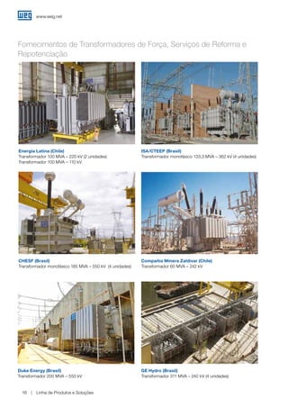 www.weg.net
Linha de Produtos e Soluções16
Compañia Minera Zaldivar (Chile)
Transformador 60 MVA – 242 kV
CHESF (Brasil)
Transformador monofásico 185 MVA – 550 kV (4 unidades)
ISA/CTEEP (Brasil)
Transformador monofásico 133,3 MVA – 362 kV (4 unidades)
Energía Latina (Chile)
Transformador 100 MVA – 220 kV (2 unidades)
Transformador 100 MVA – 110 kV
Duke Energy (Brasil)
Transformador 200 MVA – 550 kV
GE Hydro (Brasil)
Transformador 311 MVA – 242 kV (4 unidades)
Fornecimentos de Transformadores de Força, Serviços de Reforma e
Repotenciação
 