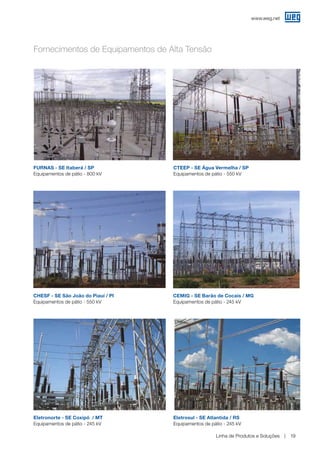 www.weg.net
Linha de Produtos e Soluções 19
CHESF - SE São João do Piauí / PI
Equipamentos de pátio - 550 kV
CEMIG - SE Barão de Cocais / MG
Equipamentos de pátio - 245 kV
Eletrosul - SE Atlantida / RS
Equipamentos de pátio - 245 kV
Eletronorte - SE Coxipó / MT
Equipamentos de pátio - 245 kV
FURNAS - SE Itaberá / SP
Equipamentos de pátio - 800 kV
CTEEP - SE Água Vermelha / SP
Equipamentos de pátio - 550 kV	
Fornecimentos de Equipamentos de Alta Tensão
 