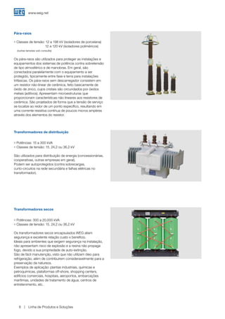 www.weg.net
Linha de Produtos e Soluções6
Transformadores de distribuição
g Potências: 15 a 300 kVA
g Classes de tensão: 15, 24,2 ou 36,2 kV
São utilizados para distribuição de energia (concessionárias,
cooperativas, outras empresas em geral).
Podem ser autoprotegidos (contra sobrecargas,
curto-circuitos na rede secundária e falhas elétricas no
transformador).
Transformadores secos
g Potências: 300 a 20.000 kVA
g Classes de tensão: 15, 24,2 ou 36,2 kV
Os transformadores secos encapsulados WEG aliam
segurança e excelente relação custo x benefício.
Ideais para ambientes que exigem segurança na instalação,
não apresentam risco de explosão e a resina não propaga
fogo, devido a sua propriedade de auto-extinção.
São de fácil manutenção, visto que não utilizam óleo para
refrigeração, além de contribuírem consideravelmente para a
preservação da natureza.
Exemplos de aplicação: plantas industriais, químicas e
petroquímicas, plataformas off-shore, shopping centers,
edifícios comerciais, hospitais, aeroportos, embarcações
marítimas, unidades de tratamento de água, centros de
entretenimento, etc.
Pára-raios
g Classes de tensão: 12 a 198 kV (isoladores de porcelana)
				 12 a 120 kV (isoladores poliméricos)
	 (outras tensões sob consulta)
Os pára-raios são utilizados para proteger as instalações e
equipamentos dos sistemas de potência contra sobretensão
de tipo atmosférico e de manobras. Em geral, são
conectados paralelamente com o equipamento a ser
protegido, tipicamente entre fase e terra para instalações
trifásicas. Os pára-raios sem descarregador consistem em
um resistor não-linear de cerâmica, feito basicamente de
óxido de zinco, cujos cristais são circundados por óxidos
metais (aditivos). Apresentam microestruturas que
proporcionam características não lineares aos resistores de
cerâmica. São projetados de forma que a tensão de serviço
se localize ao redor de um ponto específico, resultando em
uma corrente resistiva contínua de poucos micros ampères
através dos elementos do resistor.
 