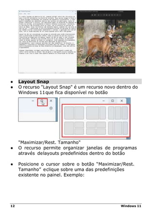 12 Windows 11
● Layout Snap
● O recurso "Layout Snap" é um recurso novo dentro do
Windows 11que fica disponível no botão
"Maximizar/Rest. Tamanho"
● O recurso permite organizar janelas de programas
através delayouts predefinidos dentro do botão
● Posicione o cursor sobre o botão “Maximizar/Rest.
Tamanho” eclique sobre uma das predefinições
existente no painel. Exemplo:
 