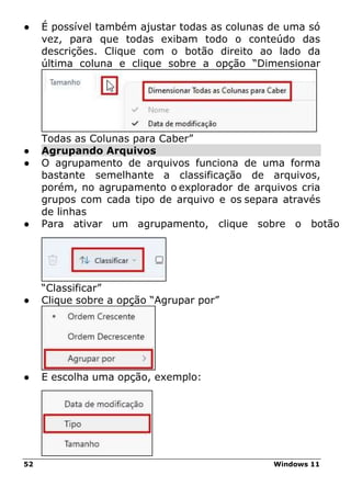 52 Windows 11
● É possível também ajustar todas as colunas de uma só
vez, para que todas exibam todo o conteúdo das
descrições. Clique com o botão direito ao lado da
última coluna e clique sobre a opção “Dimensionar
Todas as Colunas para Caber”
● Agrupando Arquivos
● O agrupamento de arquivos funciona de uma forma
bastante semelhante a classificação de arquivos,
porém, no agrupamento o explorador de arquivos cria
grupos com cada tipo de arquivo e os separa através
de linhas
● Para ativar um agrupamento, clique sobre o botão
“Classificar”
● Clique sobre a opção “Agrupar por”
● E escolha uma opção, exemplo:
 