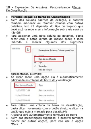 18 - Explorador De Arquivos: Personalizando ABarra
De Classificação
● Personalização da Barra de Classificação
● Além das colunas padrões de exibição, é possível
também adicionar ou remover colunas com outros
detalhes, isto irá depender do tipo de arquivo que
você está usando e se a informação sobre ele será ou
não útil
● Para adicionar uma nova coluna de detalhes, basta
clicar com o botão direito do mouse sobre o local
indicado e marcar algumas das sugestões
apresentadas. Exemplo:
● Ao clicar sobre uma opção ela é automaticamente
adicionada as coluans da barra de classificação
● Para retirar uma coluna da barra de classificação,
basta clicar novamente com o botão direito e clicar na
opção que esteja marcada para desativá-la
● A coluna será automaticamente removida da barra
● Além das predefinições sugeridas, é possível também
buscar por outras opções, para isto use a opção
“Mais...”
 