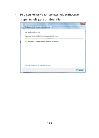 112
4. Se o seu Pendrive for compatível, o BitLocker
preparará ele para criptografia.
 