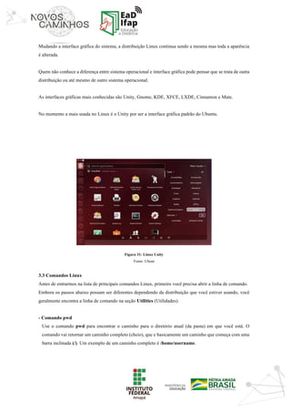 ‘	
Mudando a interface gráfica do sistema, a distribuição Linux continua sendo a mesma mas toda a aparência
é alterada.
Quem não conhece a diferença entre sistema operacional e interface gráfica pode pensar que se trata de outra
distribuição ou até mesmo de outro sistema operacional.
As interfaces gráficas mais conhecidas são Unity, Gnome, KDE, XFCE, LXDE, Cinnamon e Mate.
No momento a mais usada no Linux é o Unity por ser a interface gráfica padrão do Ubuntu.
	
	
Figura 31: Linux Unity
Fonte: Ubunt
	
3.3 Comandos Linux
Antes de entrarmos na lista de principais comandos Linux, primeiro você precisa abrir a linha de comando.
Embora os passos abaixo possam ser diferentes dependendo da distribuição que você estiver usando, você
geralmente encontra a linha de comando na seção Utilities (Utilidades).
- Comando pwd
Use o comando pwd para encontrar o caminho para o diretório atual (da pasta) em que você está. O
comando vai retornar um caminho completo (cheio), que e basicamente um caminho que começa com uma
barra inclinada (/). Um exemplo de um caminho completo é /home/username.
 